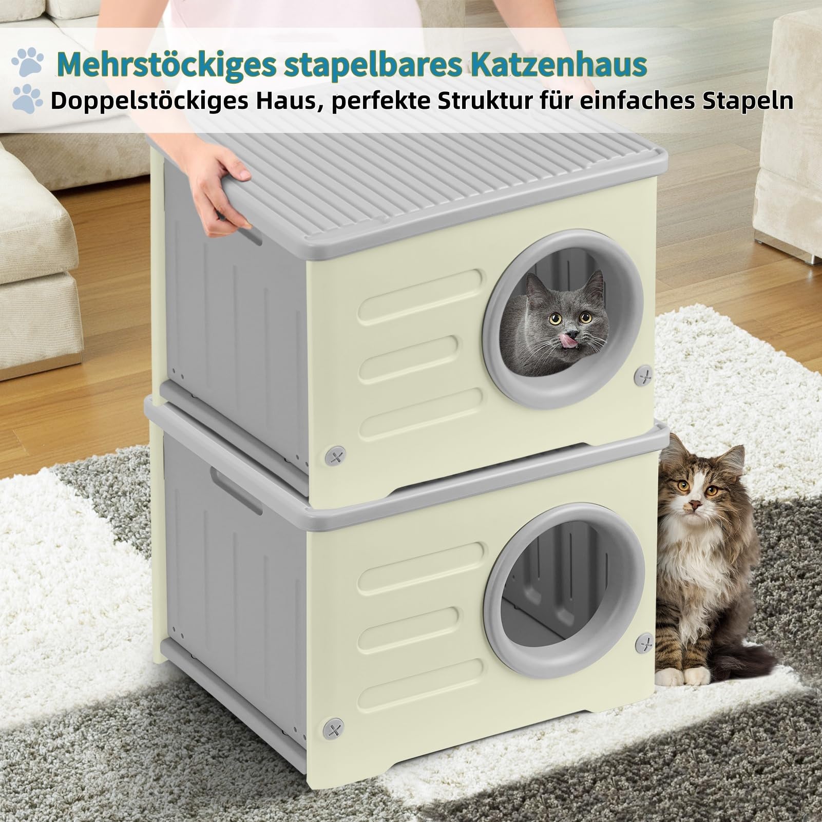 Kunststoff-Katzenhaus für Den Innen- und Außenbereich Wetterfester Unterstand Erhöhtes Design mit Doppelseitigen Matten Katzenhaus für Alle Jahreszeiten (Grau, 54 * 41 * 38)