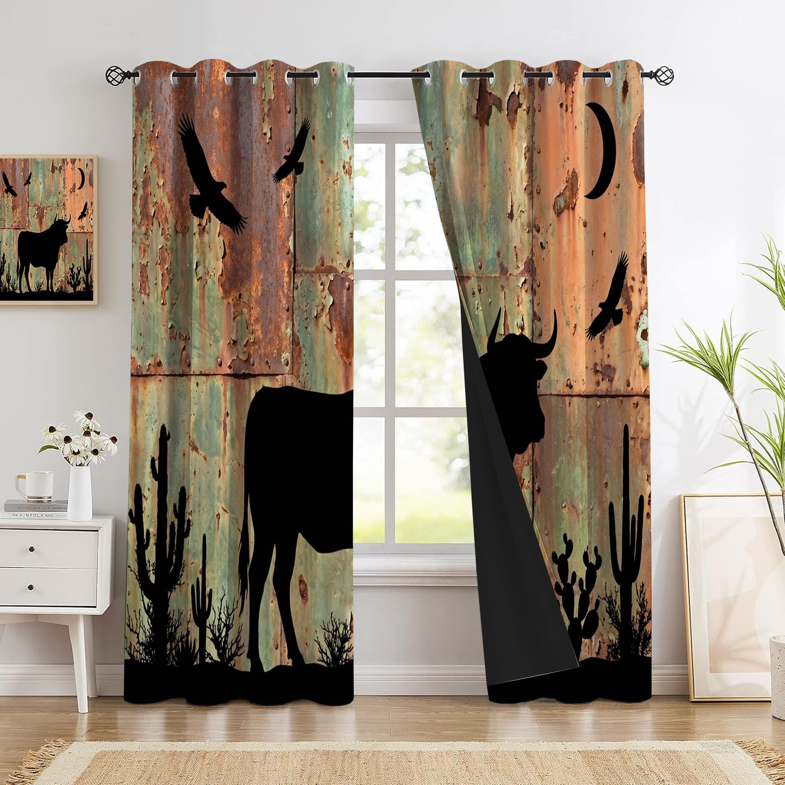 Pflanzenhirsche Vorhänge, Western Country Style Vorhang Blickdicht Thermo Mit Ösen - Rostrot Gardinen Wohnzimmer Schlafzimmer Fenster - H214 X B91.5 cm (2Er Pack)