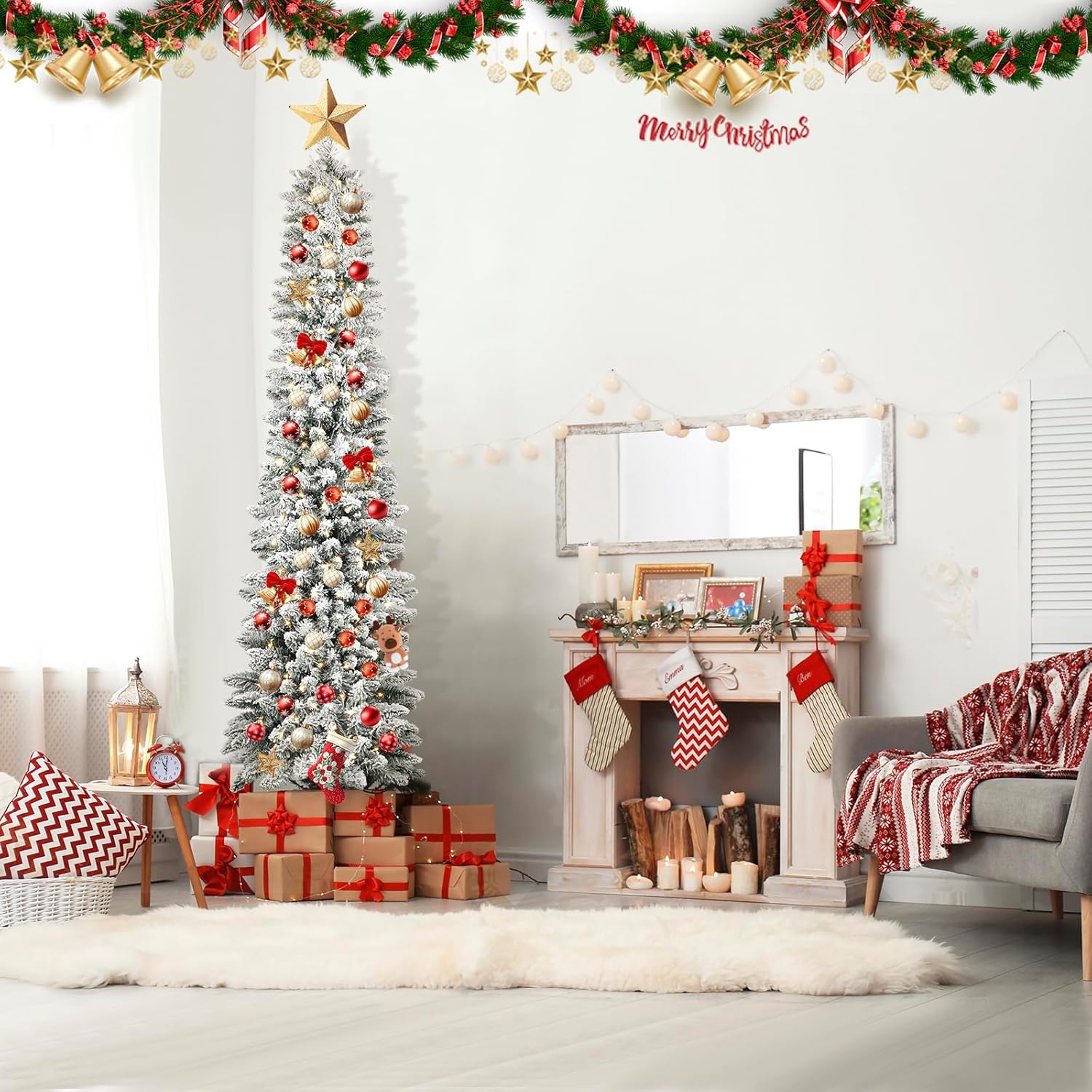 QBA 6FT Pre-Lit Flocked Christmas Tree, Skinny Pencil Christmas Tree with 400 LED Lights 340 PVC Tips, Slim Xmas Tree for Home Office Party Holiday Decoration