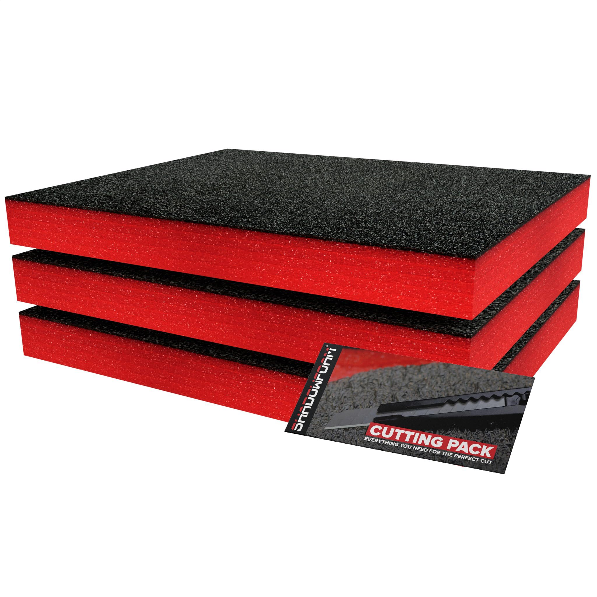 Shadow Foam Small Pack 3pcs – Foam Inserts Kit for Tool Box Organisation – 40 x 32cm DIY Cut & Peel Foam Sheets for Tool Boxes & Tool Storage Systems – Red (50mm Depth)