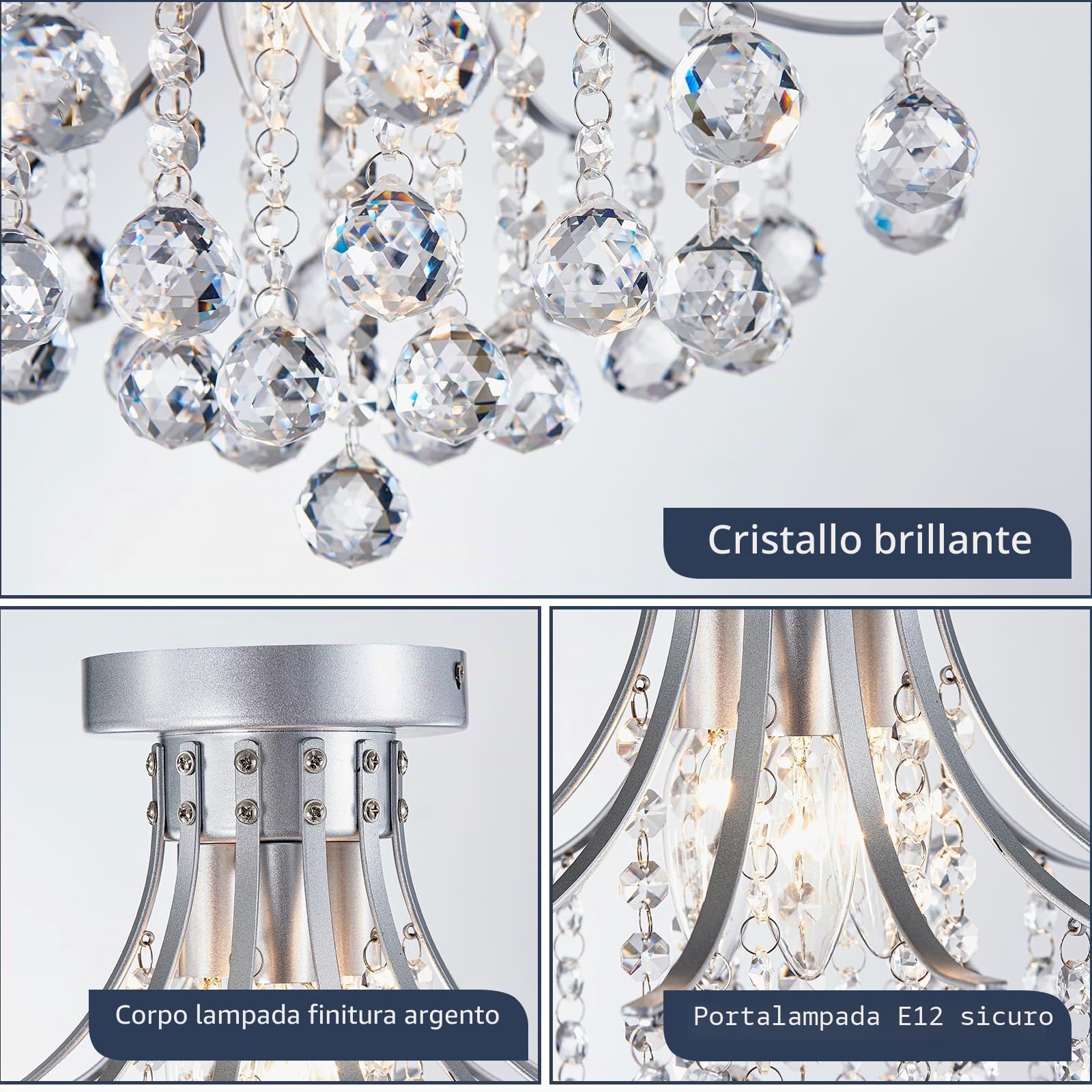 BESTIER, Lampadario Moderno in Argento con Cristalli, Semi-Incasso, Lampada da Soffitto, Ideale per Sala da Pranzo, Bagno, Camera da Letto e Soggiorno, 3 Lampadine E14 Richieste, D34cm X H30cmh