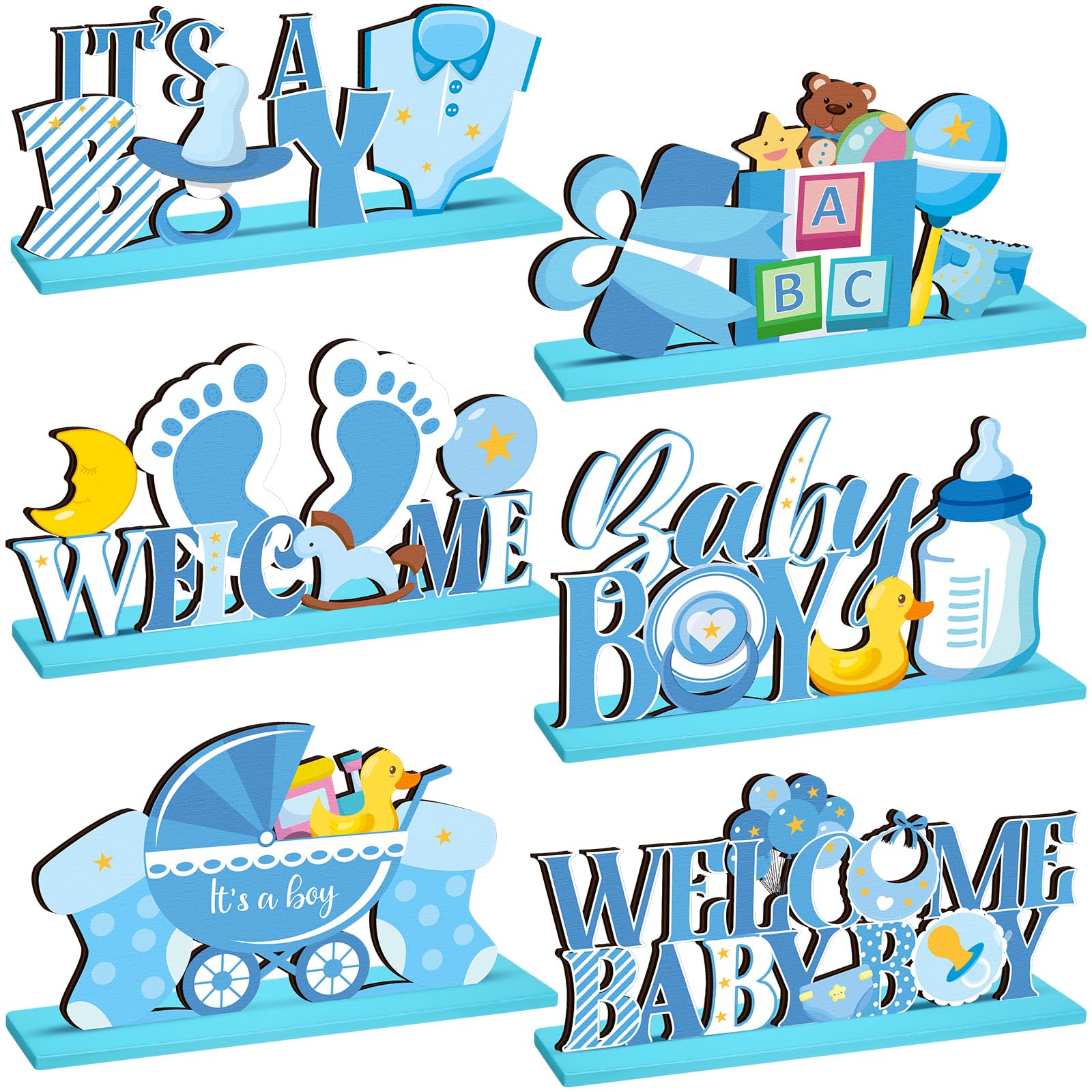 6 Pcs Blue Baby Shower Wooden Table Centerpieces It's a Boy Baby Shower Decorations Welcome Boy Gender Reveal Party Table Topper Decorations for