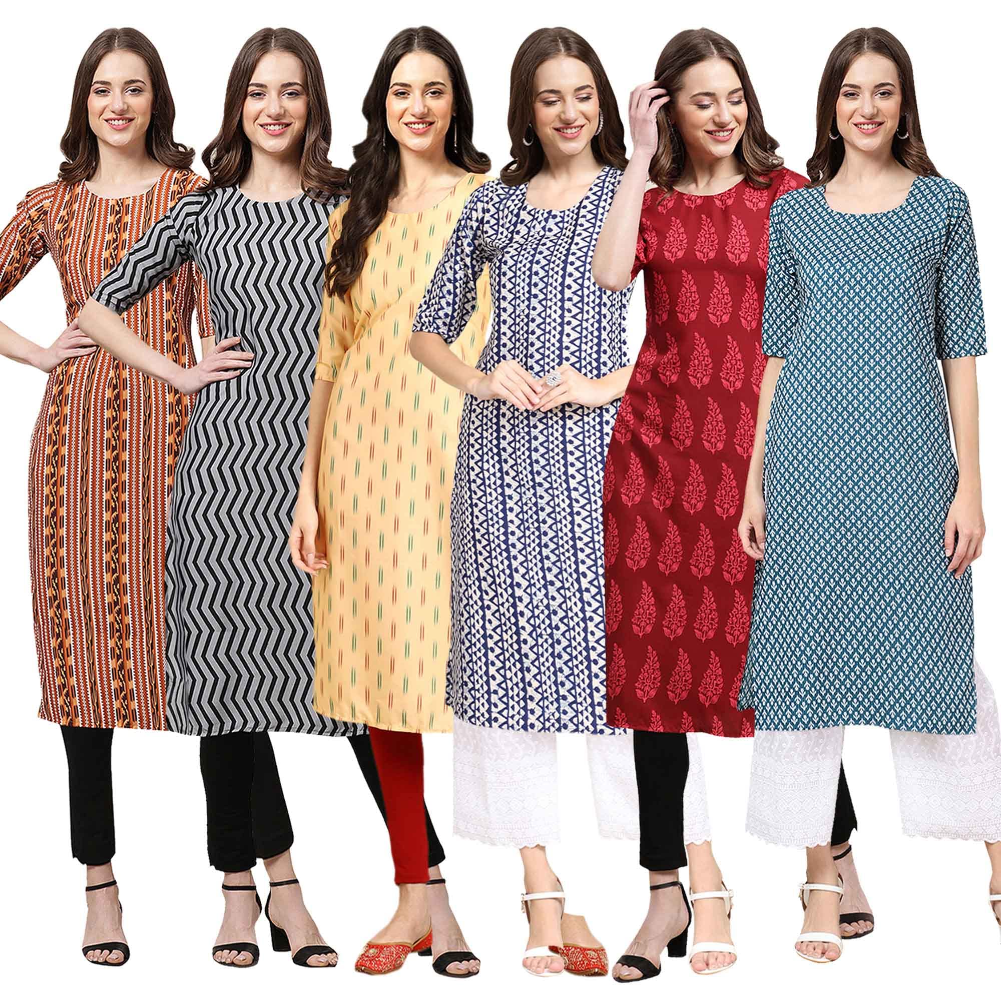 Pinkmint Women's Crepe Digital Print Straight Kurta [Pack Of 6] (Ccp-344-336-360-348-337-351-Xl)