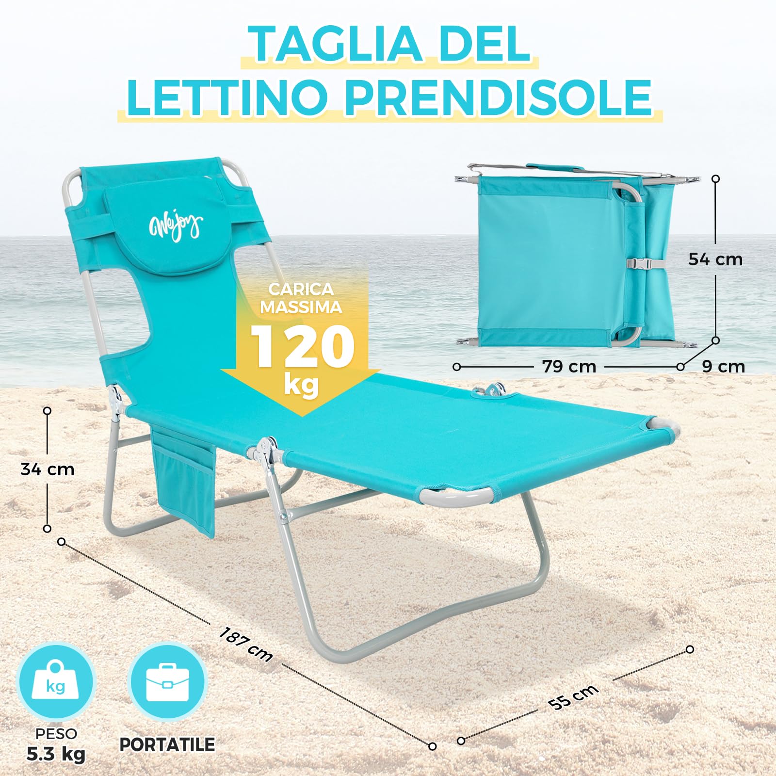 #WEJOY Lettino Prendisole Pieghevole con Foro per Lettura, Sedia a Sdraio Regolabile in 5 Posizioni, Lettino da Giardino Leggero con Poggiatesta, Lettino per Spiaggia Terrazza Piscina Campeggio