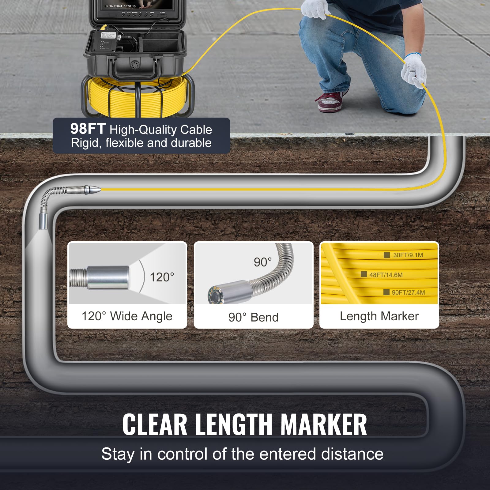 VEVOR Caméra Inspection Canalisation 30 m Endoscope Drain Auto-nivellement avec Écran 9'' 1080P, Zoom 36X, Étanche IP68, Lumière 12 LED, Carte SD 32 Go, pour Conduit, Égout, Plomberie, Tuyaux, Maison