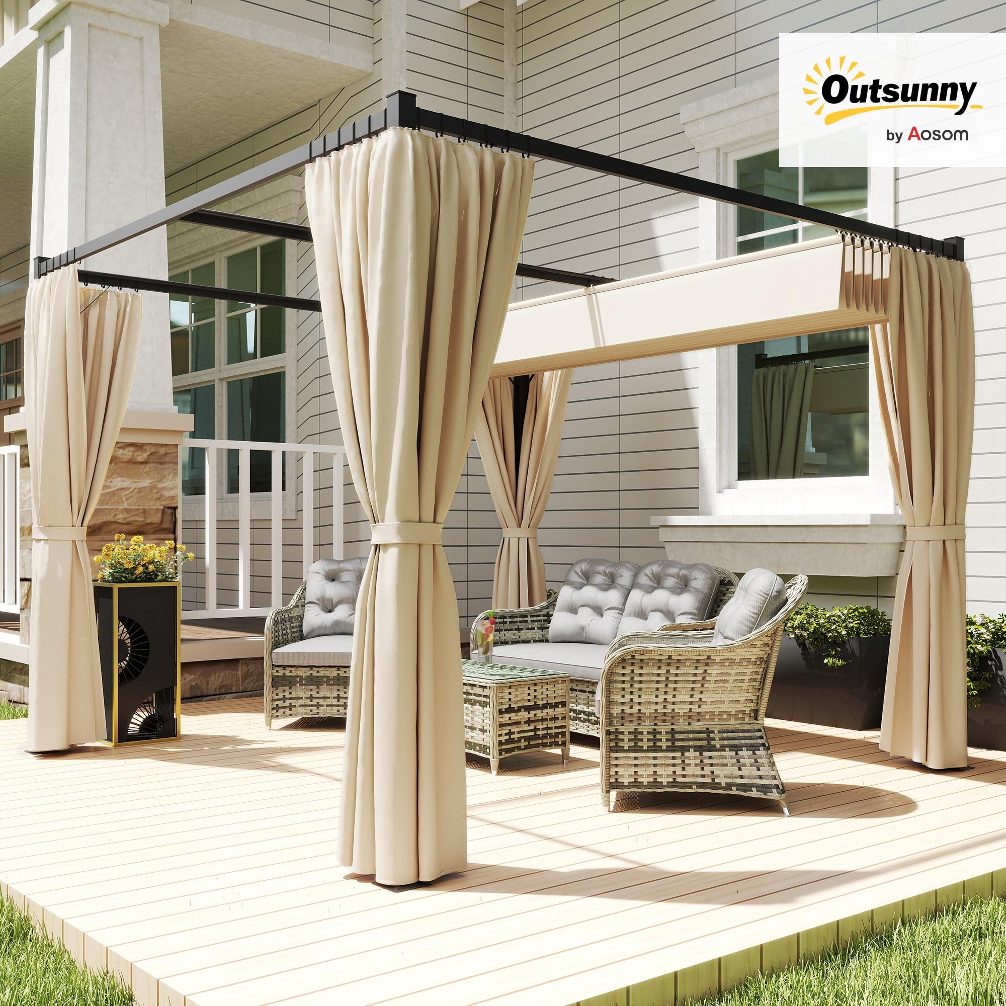 Outsunny Gazebo Pergola 3x3 m con Pareti Laterali e Tetto Retrattile, Metallo e Poliestere 180g/㎡, Beige