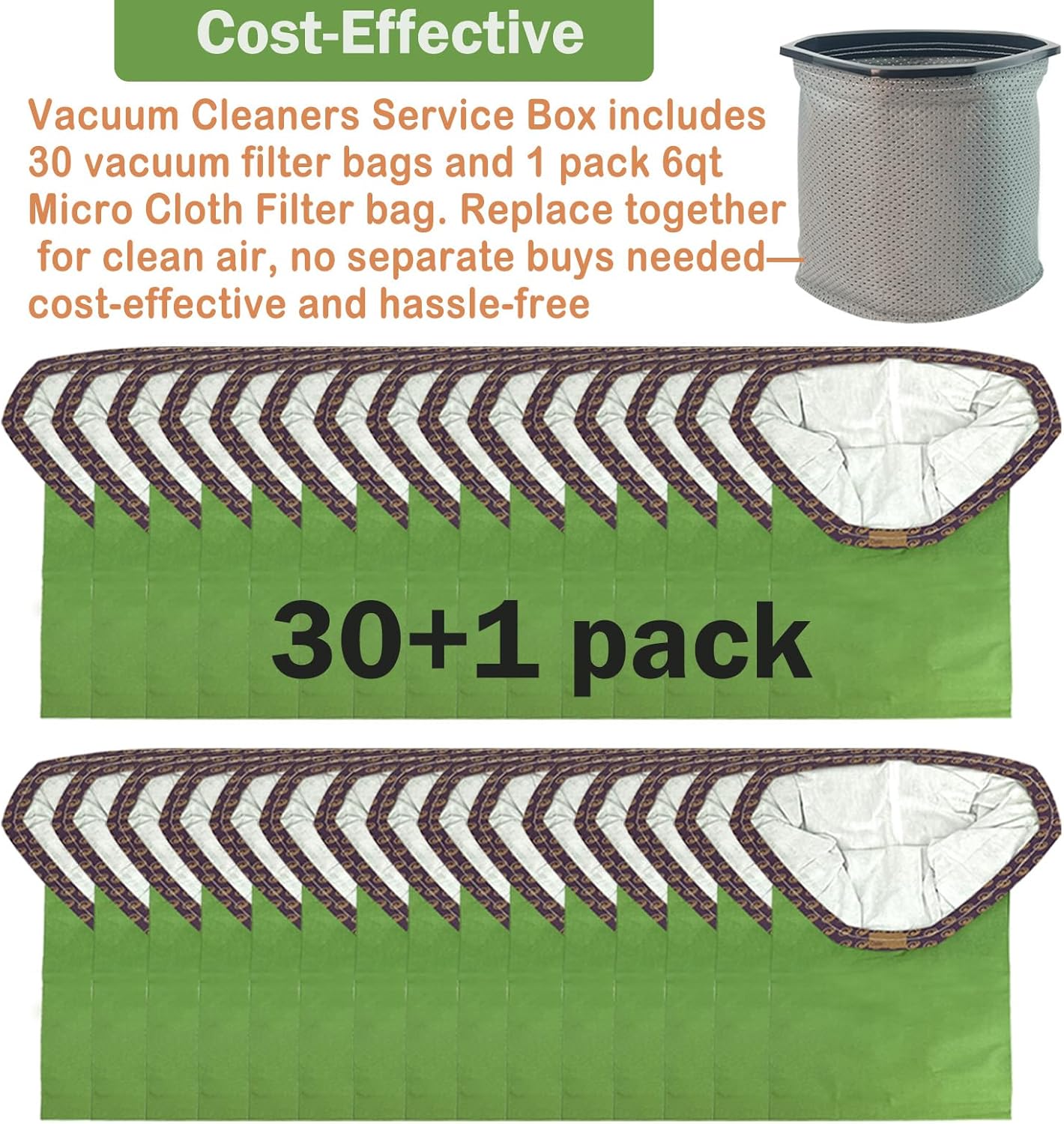 30 Pack 107314 Vacuum Bags + Cloth Bag 834072 Compatible with Proteam 6 QT, Replacement for Proteam Super Coach Pro 6, ProVac FS 6, GoFit 6/PLUS, GoFree Flex Pro II Backpack Vacuum