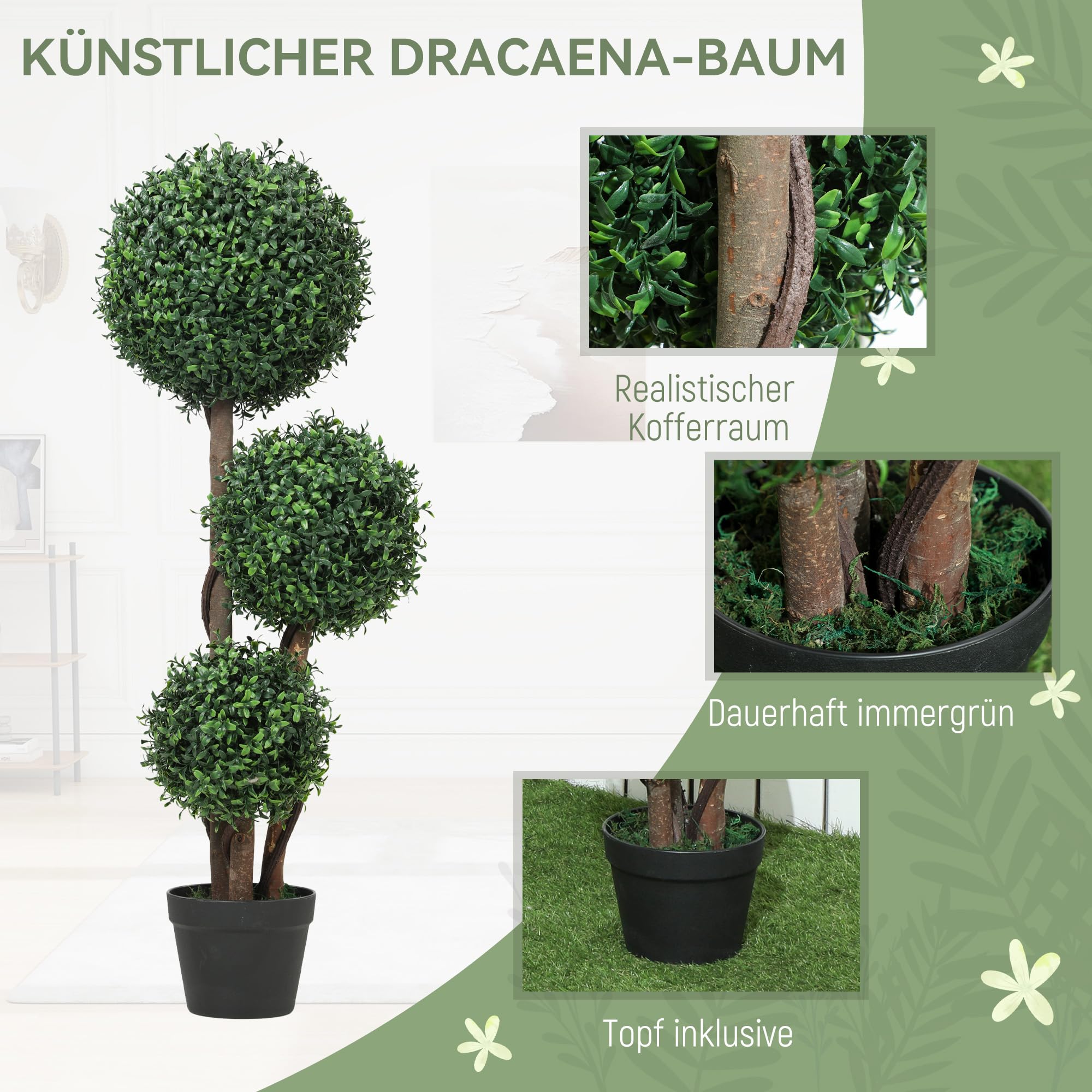 HOMCOM Künstliche Buchsbaumkugel groß 100cm dreikugelig Kunstpflanze mit UV-Schutz, Plastik Künstliche Pflanze mit Holzstamm im Topf, Fake Plant wie echt für Wohnzimmer Schlafzimmer Büro Garten