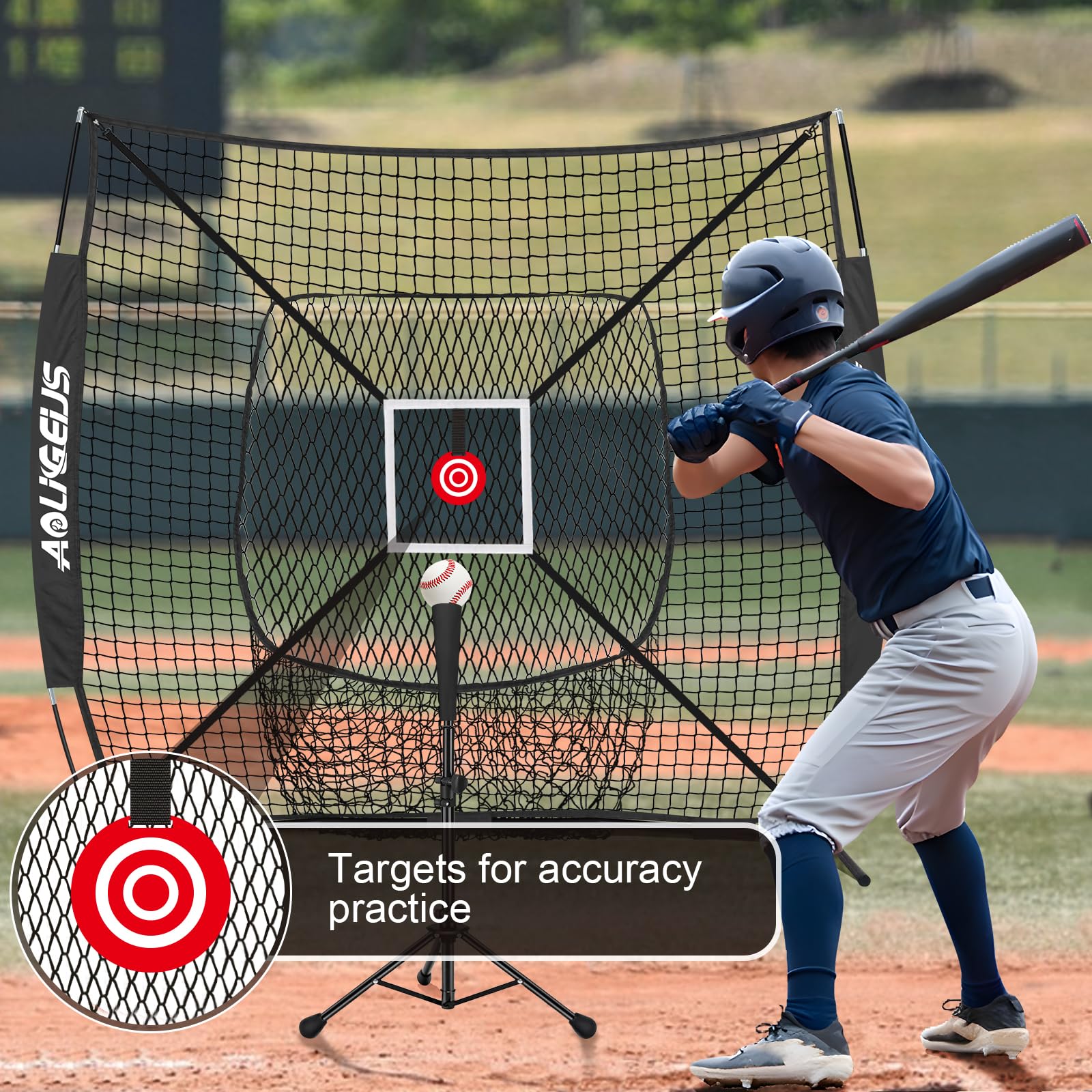 Red de práctica de béisbol y sóftbol de 6 x 6 pies con camiseta de bateo y organizador de pelotas, objetivo de zona de golpe adicional y marco de arco, para golpear, lanzar y atrapar