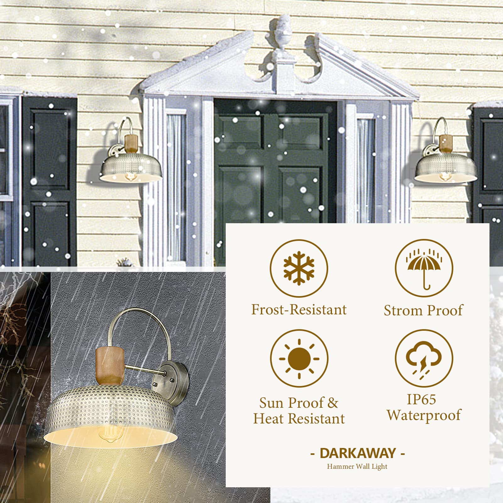 Darkaway Vintage Barn Light Fixtures Wall Lamps Sconces with Hammered Metal Shade, Brushed Brass Gooseneck Lighting for Outdoor Indoor Patio Porch Lights, 2 Pack