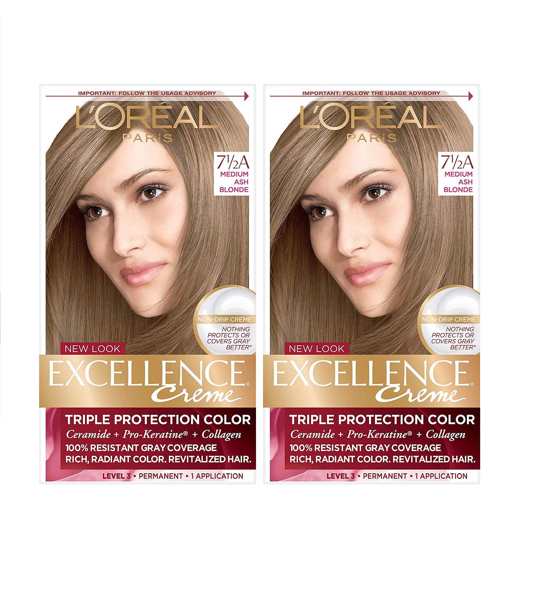 L’Oréal Paris L'Oreal Excellence Creme Permanent Hair Color, 7.5A Medium Ash Blonde, 100 percent Gray Coverage Hair Dye, Pack of 2