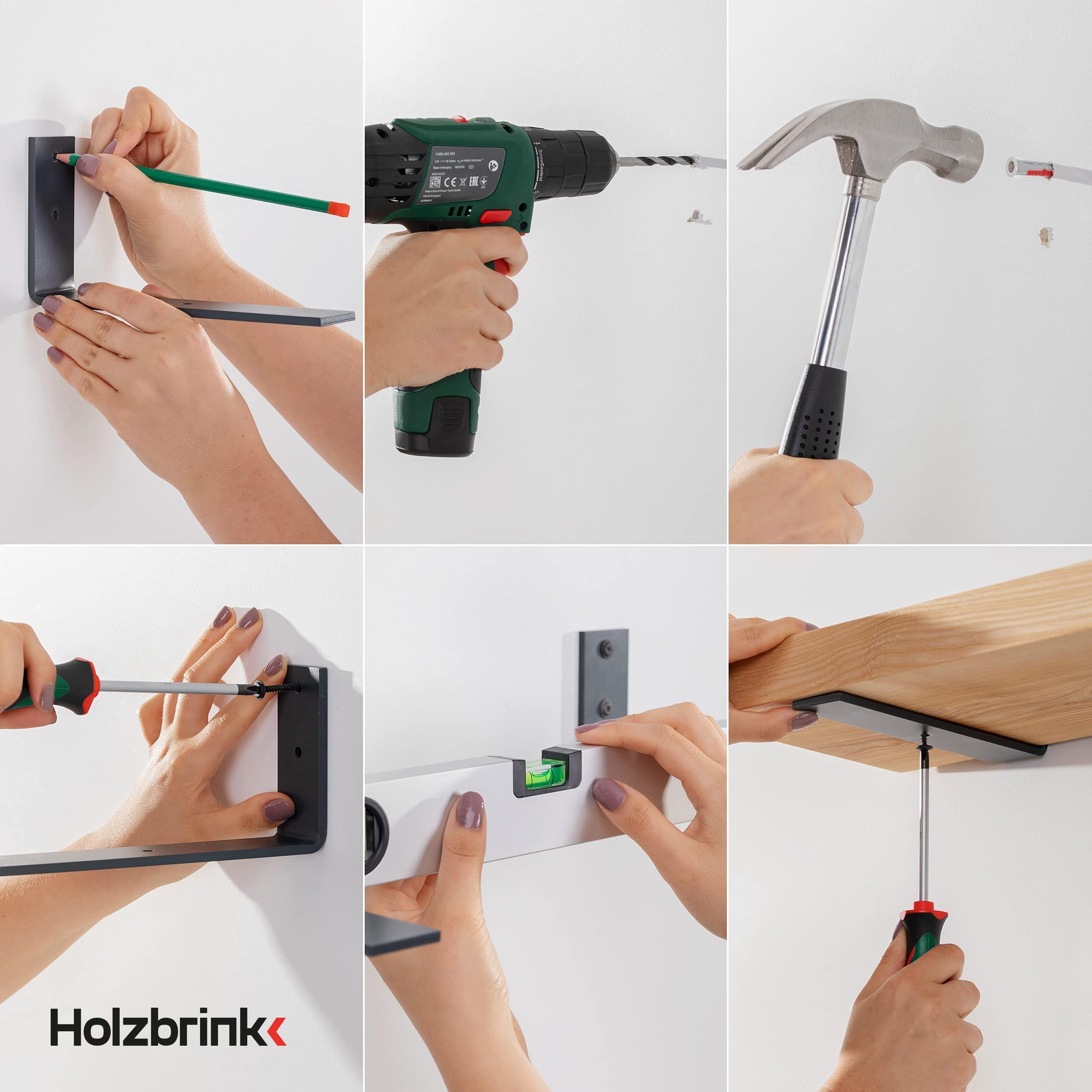 HOLZBRINK Staffa reggi mensola in metallo, supporto per mensole da parete, mensola fai-da-te, supporto, Acciaio Grezzo Laccato 200x100x40 mm, 10 pezzi, HLR-L-200-0000