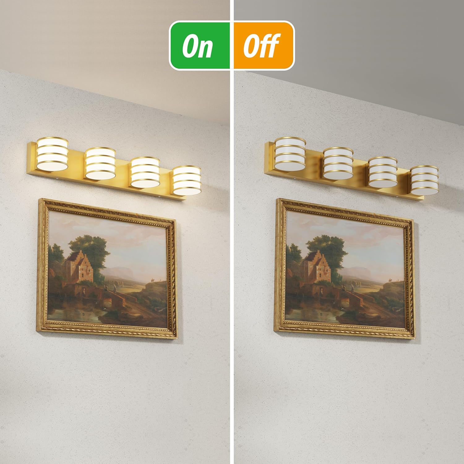 LED Bathroom Vanity Light - 28.4 Inch Gold 4-Light Fixture with White Acrylic Shades, 6000K Cool White, Mirror Lighting for Bathroom, Bedroom, Hallway, Living Room Wall Sconce