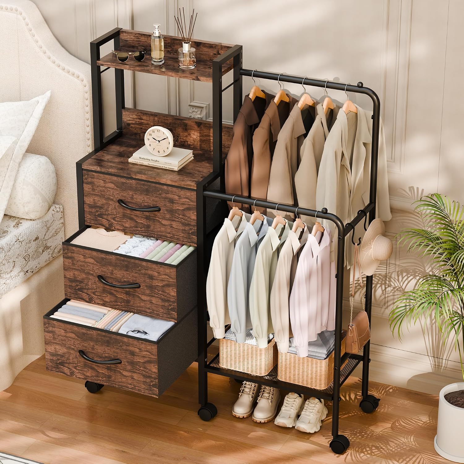 Dresser with Double Hanging Clothes Rack and Wheels, 3 Fabric Drawers Small Closet Dresser for Bedroom, Sturdy Storage Chest of Drawers with Extra Shelf for Bedroom Living Room Entryway, Rustic Brown