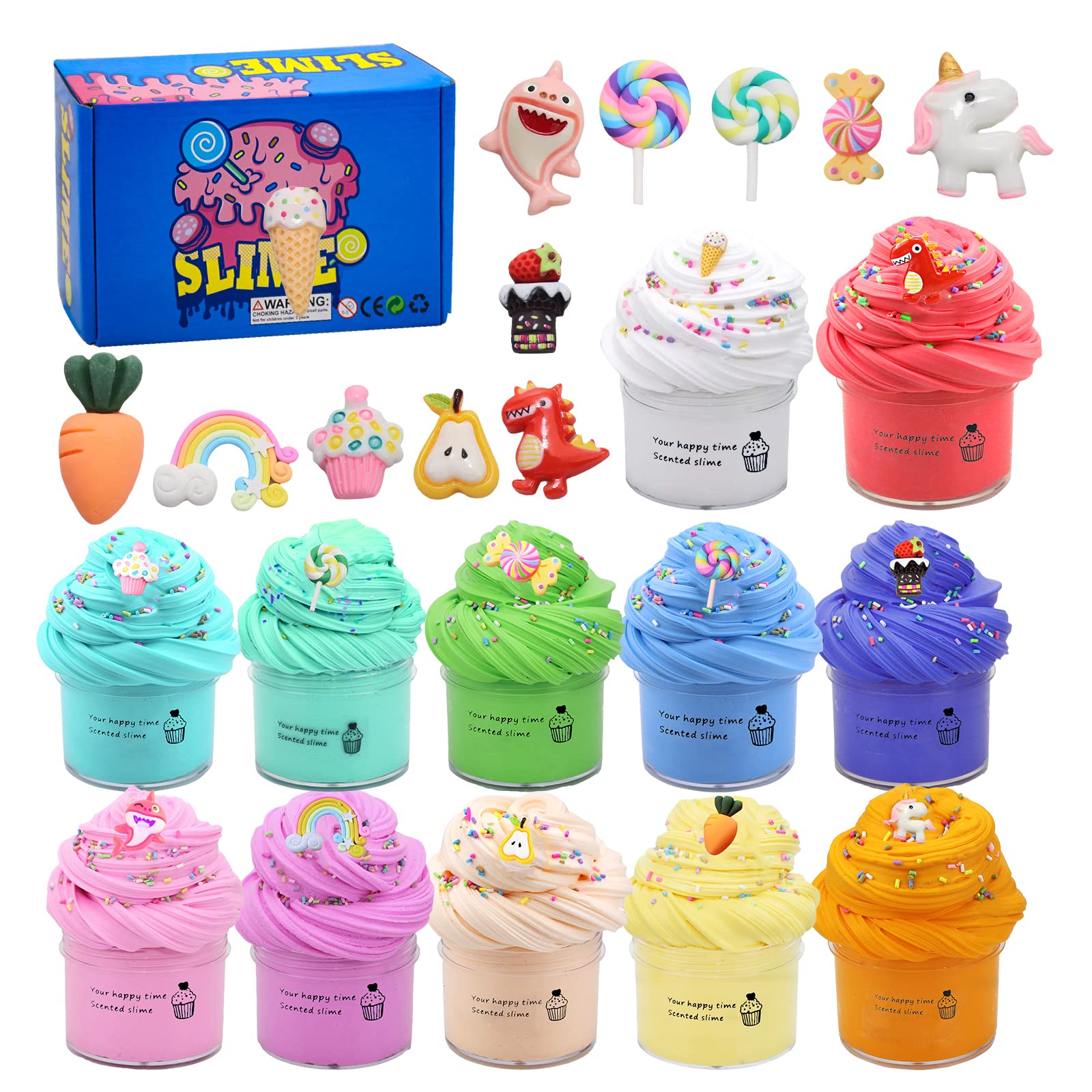 CAIFU Fluffy Butter Slime Kits for Kids - DIY Light Soft Slime Toy with Animal Rainbow Candy and Fruit Charms, Best Birthdays & Festivals Toy Gifts for Girls Boys(12 Pack) (CNDG_UK)