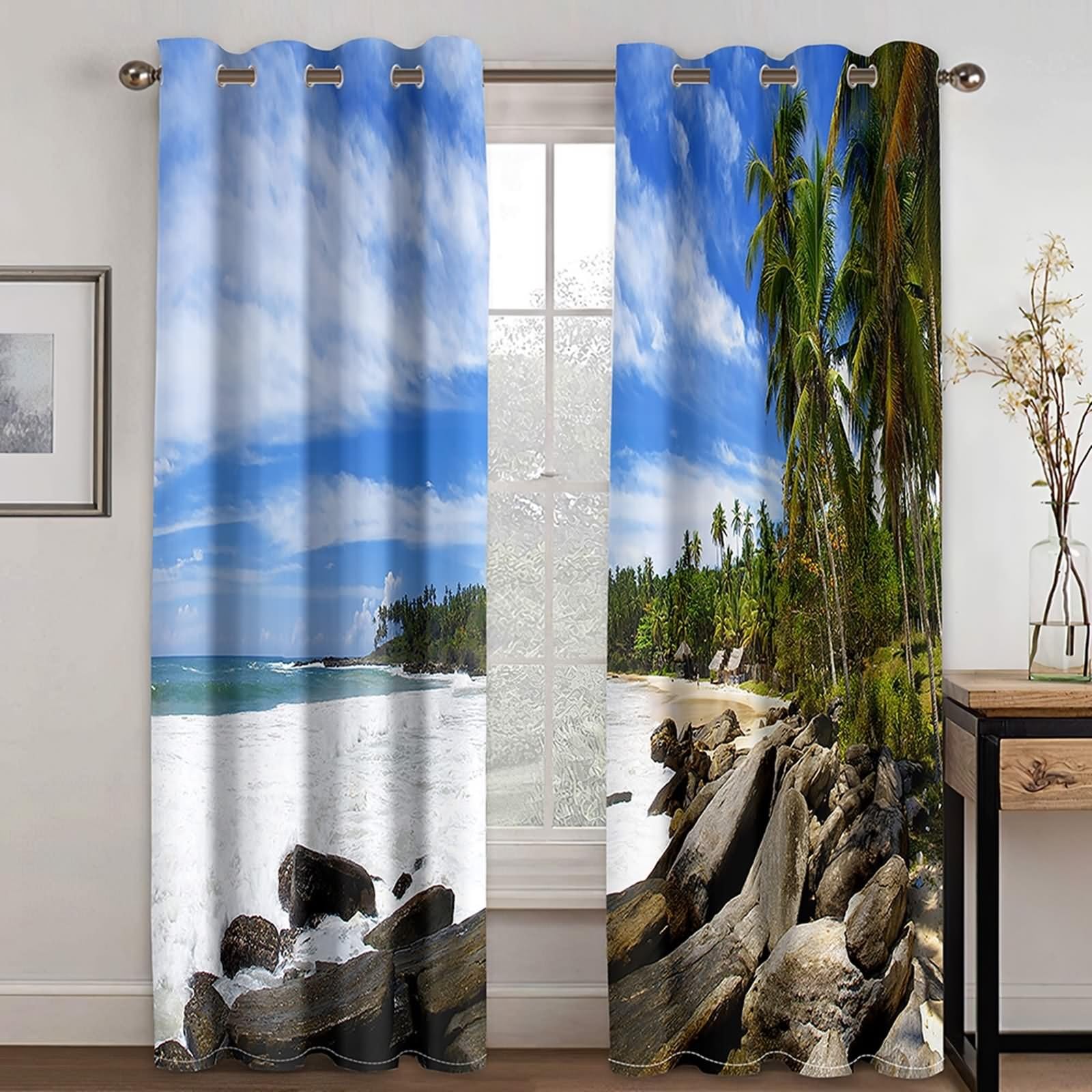 Panele zasłonowe okienne na zewnątrz, zasłony okienne boho niebieski zielony biały niebieski niebo morze i palmy kokosowe poliester 2 panele 213 x 244 cm