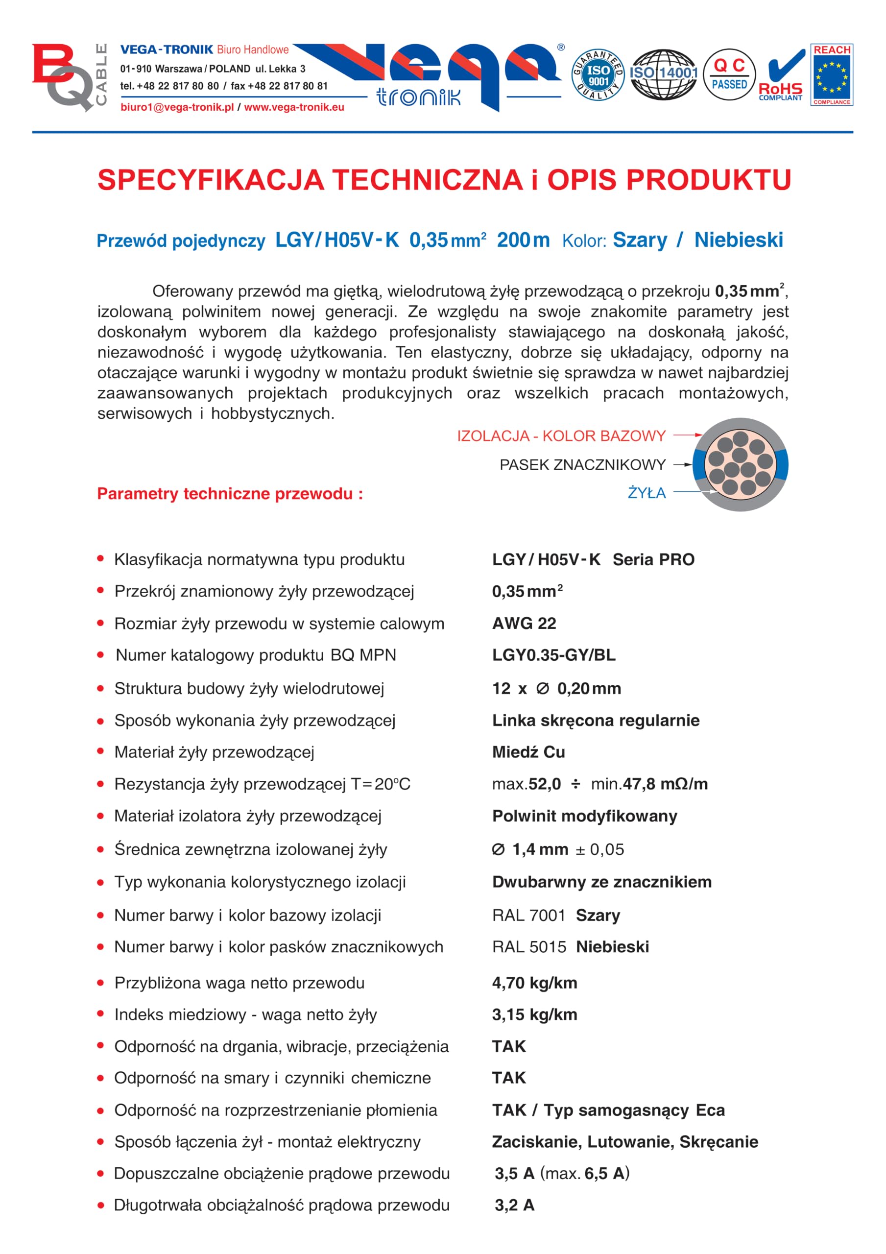 Przewód pojedynczy LGY/ H05V- K 0,35 mm2 200 m Kolor: szary/niebieski