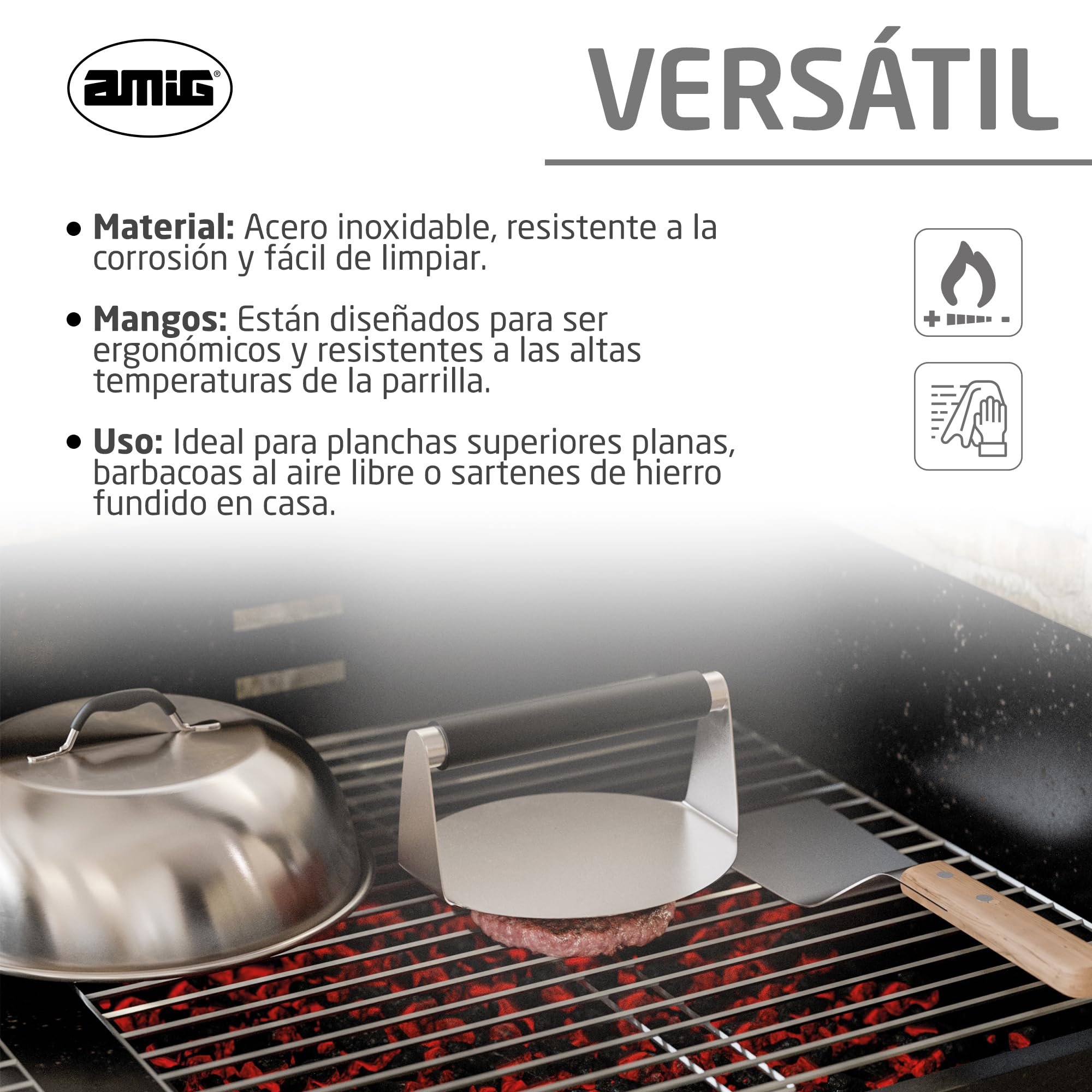 Amig - Kit 3 Accesorios para Smash Burger - Prensa para Carne, Campana para Fundir Queso, Espátula - Acero Inoxidable - Mod. AM12