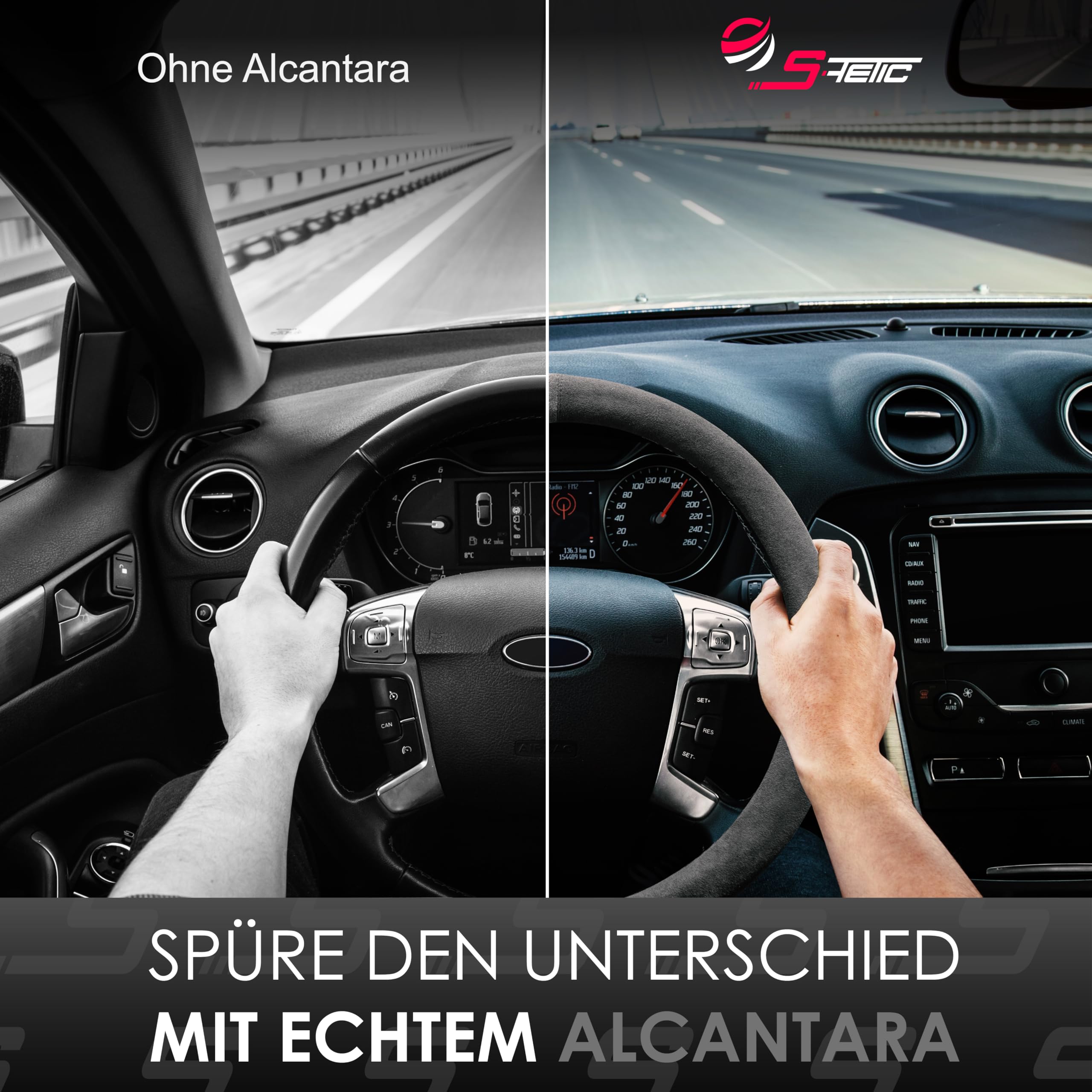 S-TETIC® Premium Lenkradbezug aus Alcantara | Schwarze 12-Uhr Markierung | Universalgröße 36-38 cm | Lenkradcover | für Sommer und Winter