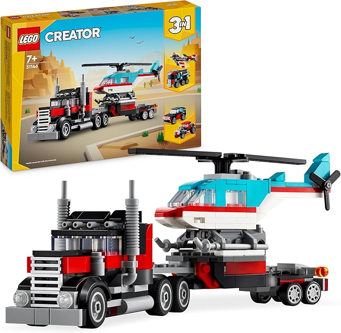 LEGO Creator 3 en 1 Camión Plataforma con Helicóptero Convertible en Vehículos de Juguete: Avión de Hélices, Bólido y Coche SUV, Regalo para Niños y Niñas de 7 Años o Más 31146