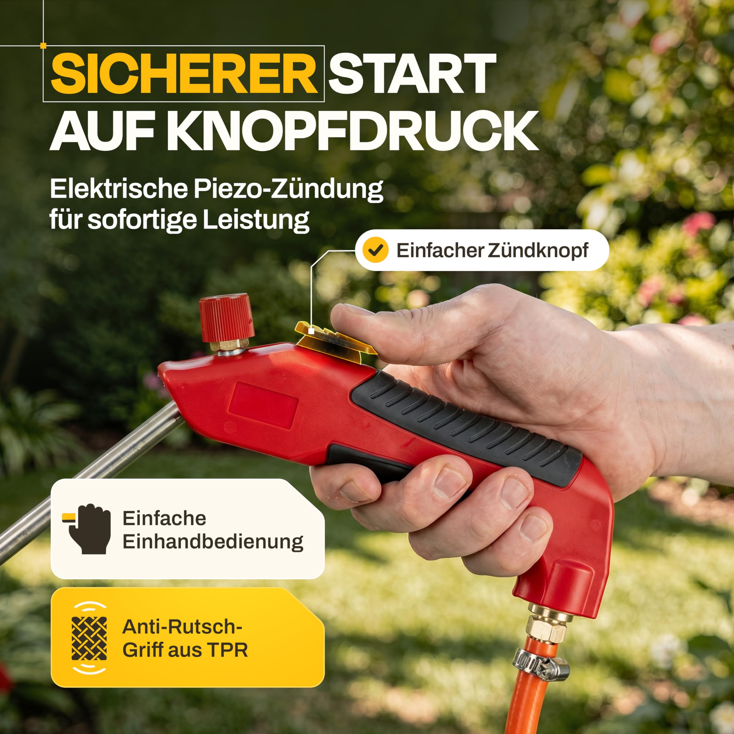 Unkrautbrenner Gas 2-in-1 – Abflammgerät mit Piezozündung für Gaskartusche & Gasflasche - bis 1.500 °C – stufenlose Flammenregelung – chemiefreie Unkrautentfernung für Garten & Hof