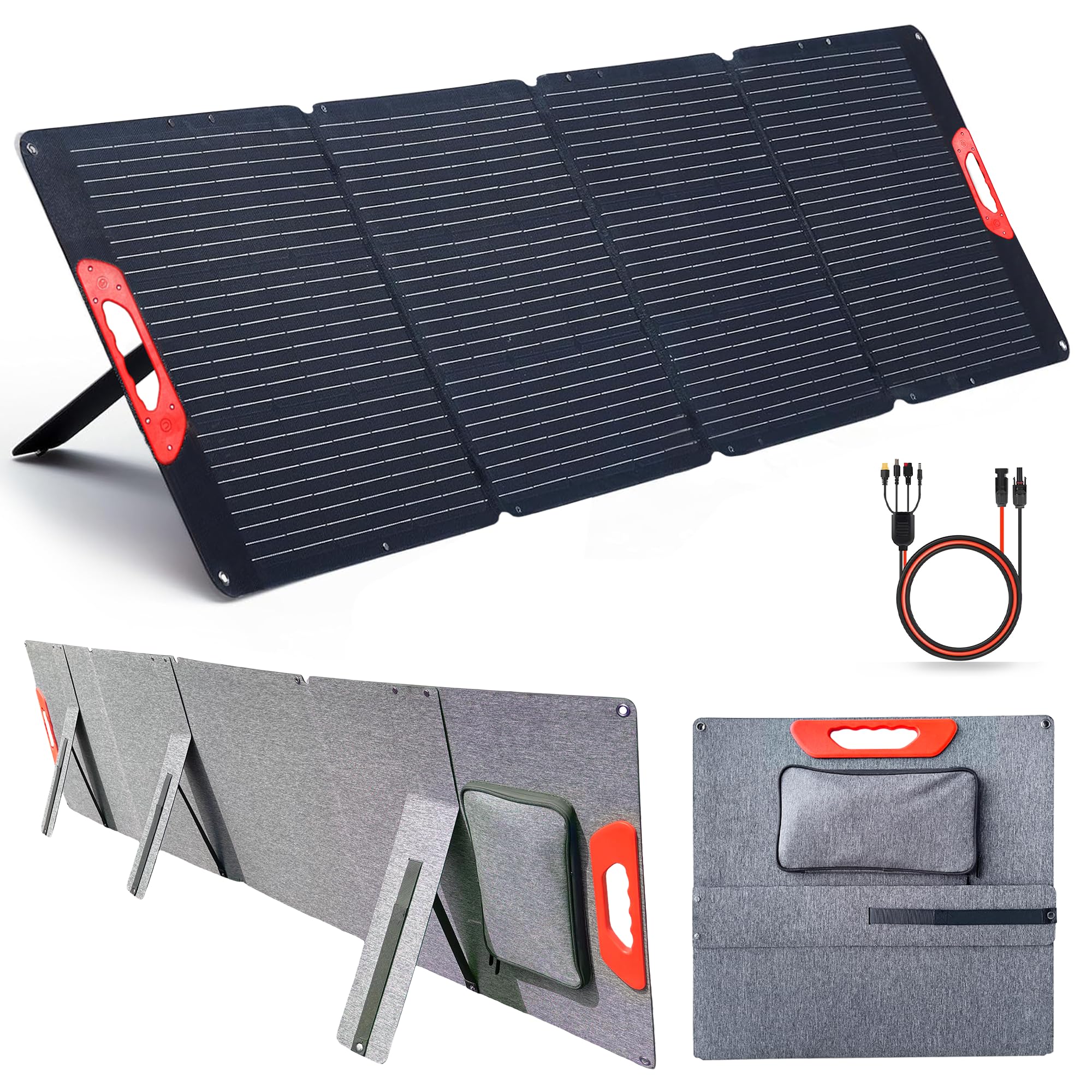 Panneau solaire portable 200 W - Chargeur solaire pliable avec kit multi-connecteurs et sorties USB - Panneaux solaires étanches