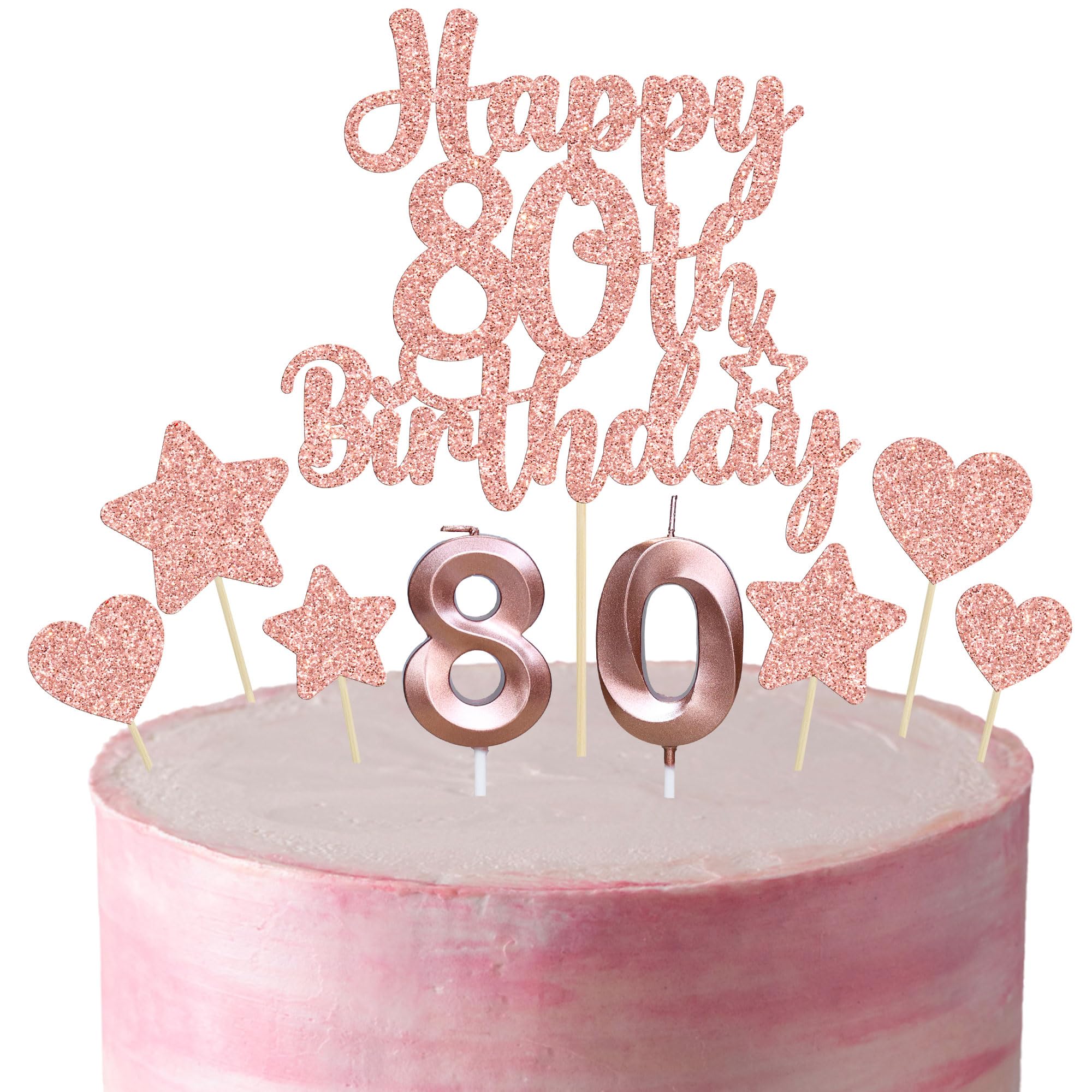 Gyufise 15Pcs Happy 80th Birthday Cake Topper Set with Heart Star Glitter Cheers to 80 Years Cake Picks Number 80 Candles Cake Decorations for Happy 80th Birthday Anniversary Party Supplies Rose Gold