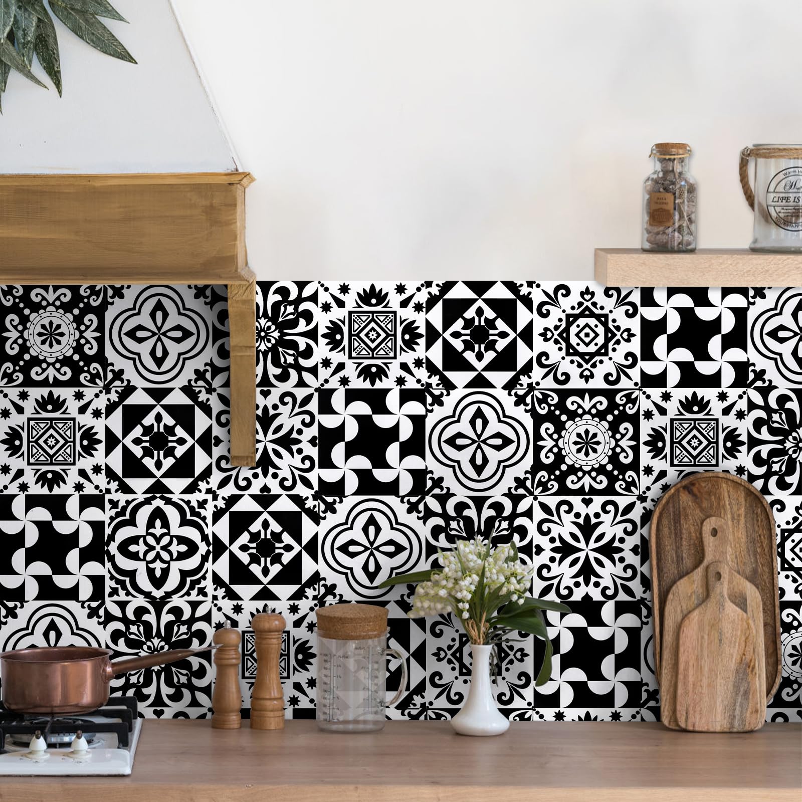 Fliesenaufkleber Mosaik 15x15cm - Klebefliesen Küche Schwarz und Weiß - Selbstklebende Fliesen Bad 24 Stück - Fliesen Aufkleber Badezimmer Uberkleben Fliesensticker Vinyl Wasserfest