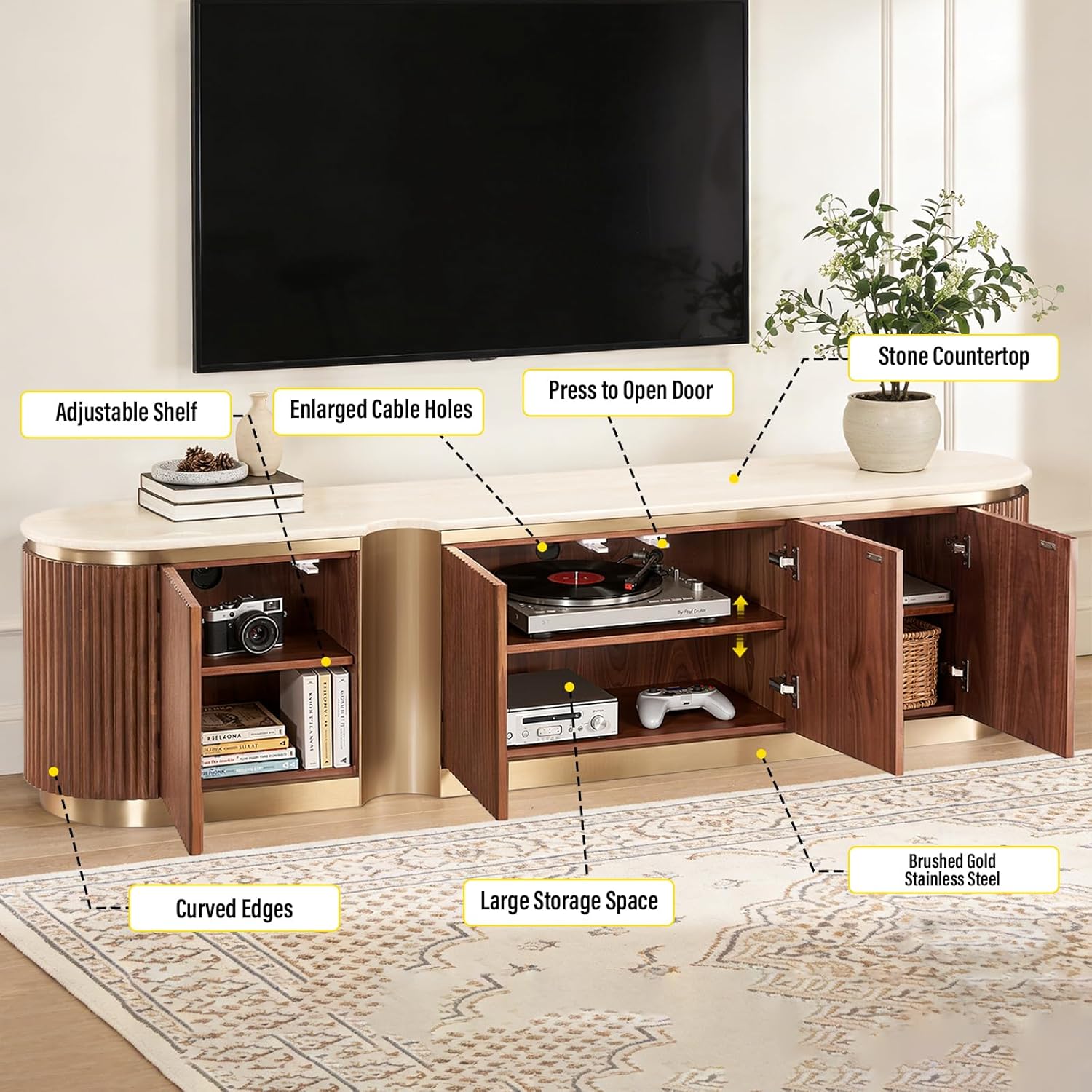 79" Fluted TV Stand with Storage for Living Room,Luxury Modern Entertainment Center Fits TVs up to 90",Curved TV Media Console Table with Cabinet & Doors,Artificial Stone Top,Fully Assembled,White