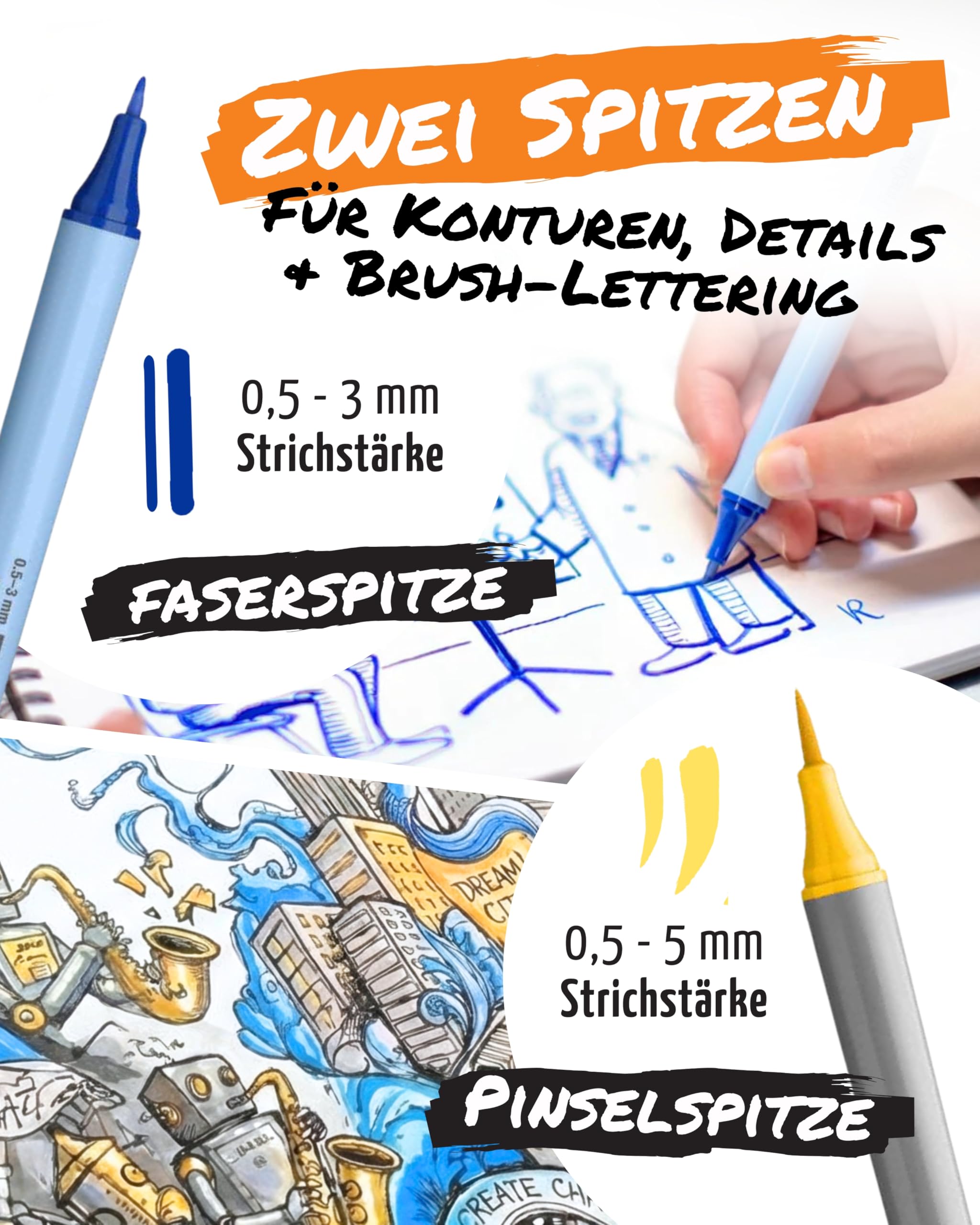Neuland Creative Sketch Set I 3x FineOne Art 0,5-5 mm & 4x FineOne Flex 0,5-3 mm Marker I Inkl. mySketchbook Notizbuch in Schwarz & Baumwoll-Mäppchen I Ergonomische & nachfüllbare Flipchartmarker