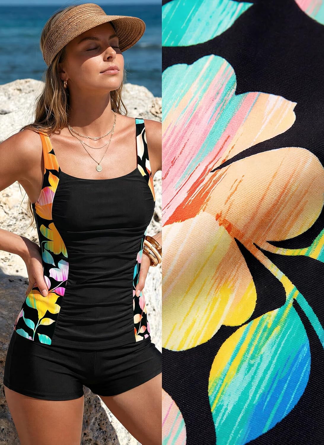 MODLILY Modest Coverage Womens Tankini Swimsuits, Two Piece Patchwork Bathing Suits, Ruched Tank Top with Shorts