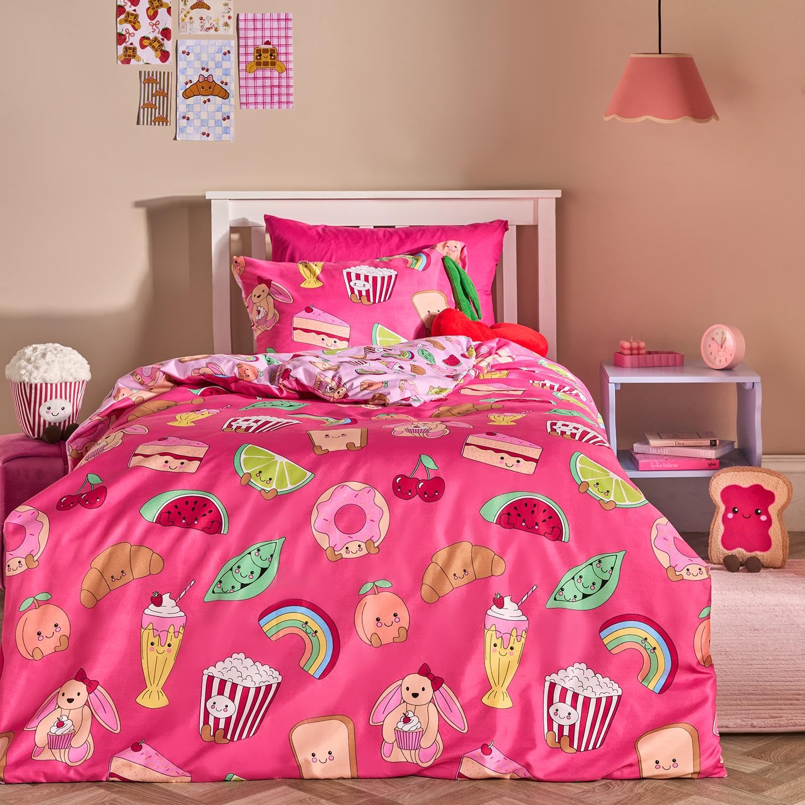 Ohs Girls Magenta - Sweet Pies Bedding Double Duvet Set, Reversible Super Soft Cosy Warm Microfibre Polyester Charming Sweetie Pies Kids Bedding Quilt Cover Stylish Double Bed Duvet Cover Set, Magenta