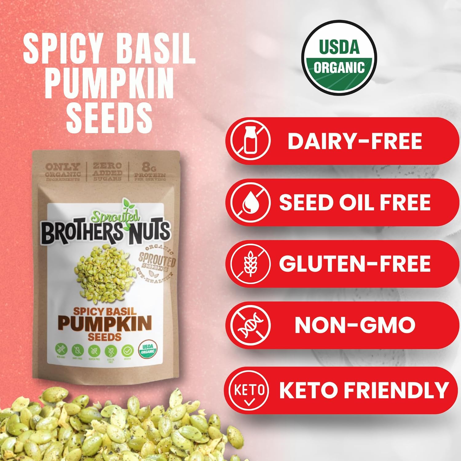 Brothers Nuts Spicy Basil Pumpkin Seeds – Organic, Sprouted Pumpkin Seeds – Healthy Keto Snack – Vegan, Gluten-Free, Kosher – No Preservatives – 6 oz (Pack of 5)