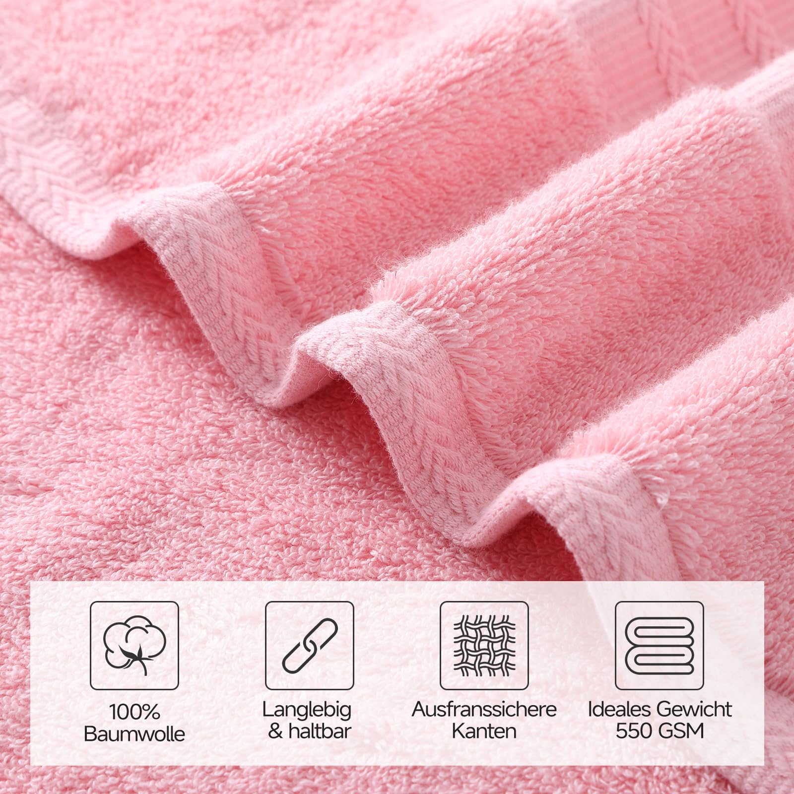REDKISS 8 teilig Handtuch Set aus Baumwolle mit Aufhänger,weich & saugstark | OEKO-TEX zertifiziert, 540GSM, mit 2 Badetuch+2 Handtücher + 4 Waschlappen, ideal für Bad & Sauna-Rosa