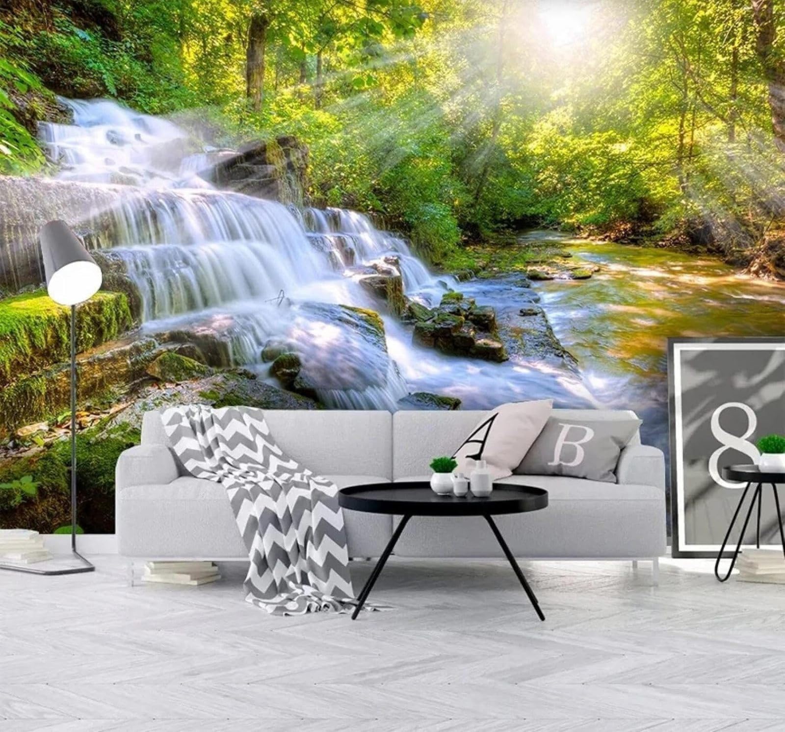 Xlming 350Cm×256Cm(B×H) Sunlight Greenery Forest Waterfall Natural Scenery 3D Wallpaper Premium Textured Silk Study Dining Living Room Bedroom Sofa Tv Wall Easy Install-350Cm×256Cm