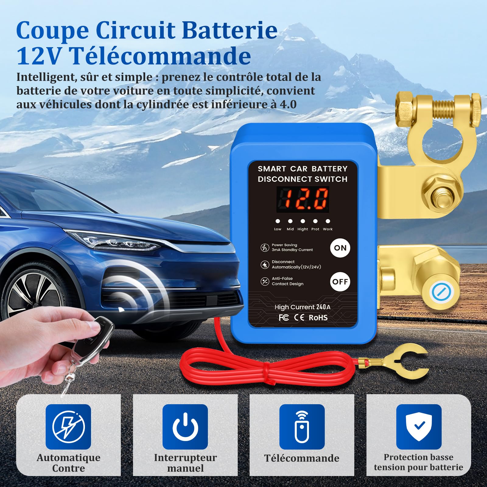 Coupe Circuit Batterie 12V, Coupe Circuit, Disjoncteur de Batterie Télécommandé Sans Fil, Interrupteur D'arrêt Automatique avec Affichage LED pour Voiture, Camping-Car, ATV, Bateau (Blue)