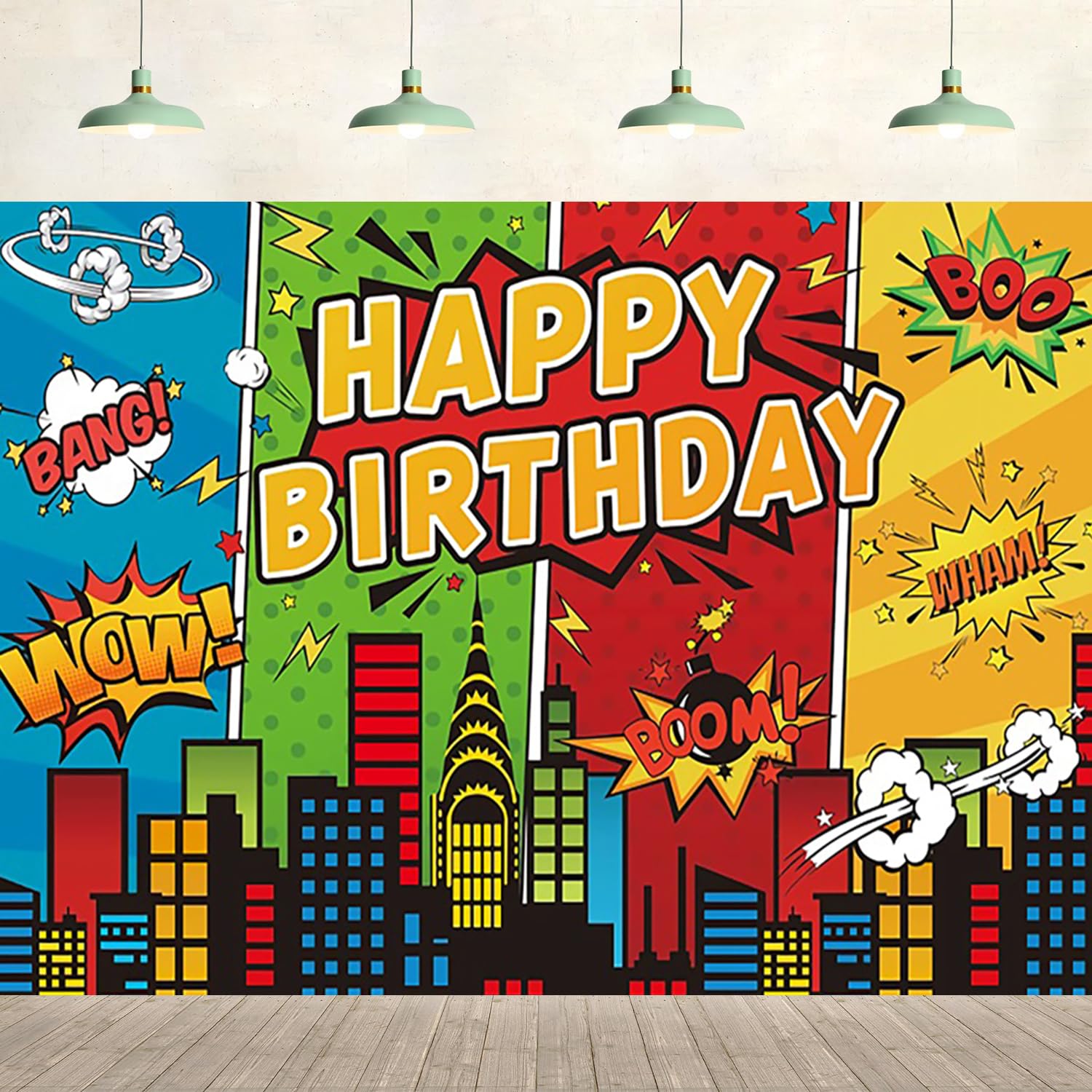 5x3ft Superhero Cityscape Happy Birthday Backdrop Comic Style Colorful City Photography Background Birthday Party Supplies Banner Decor Kids Children