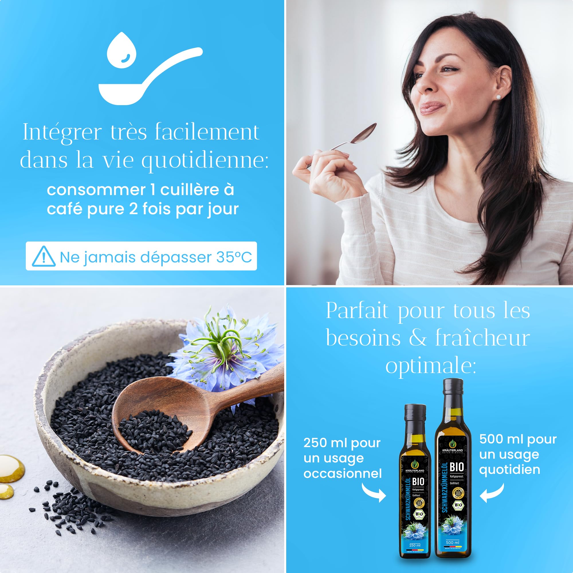 Kräuterland Huile de Nigelle Bio filtrée 250 ml - 100% pure, doucement pressée à froid, égyptienne, nigella sativa, végétalienne - fraîche du moulin directement du No. 1 Fabricant d'Allemagne
