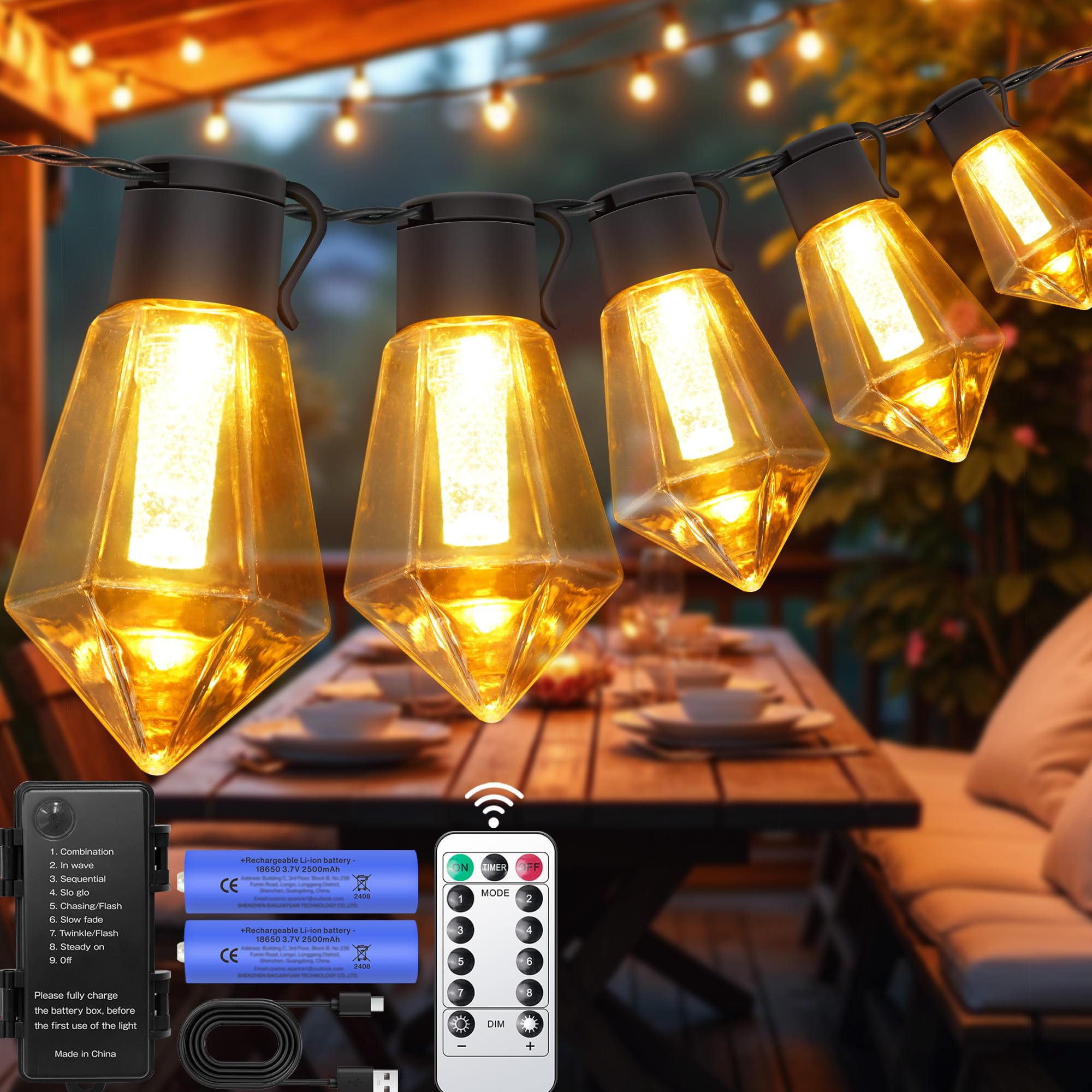 aurogeek Lichterkette Außen Batterie, 5000mAh Aufladbare Outdoor Lichterketten 9m Groß LED Glühbirnen mit Fernbedienung Timer Dimmbar Garten Beleuchtung IP64 für Balkon Bistro Lichter