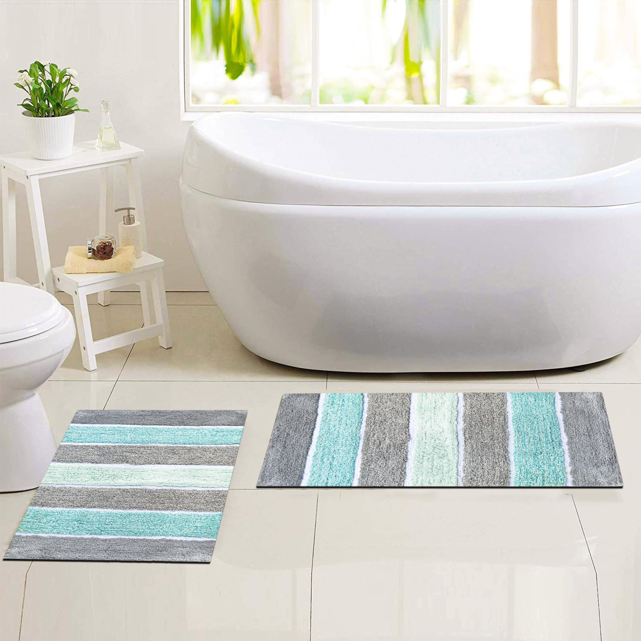 Chardin home – Juego de 2 alfombras de baño de Rayas coronales, 100% algodón Puro, de 21 x 34 cm y 43 x 61 cm