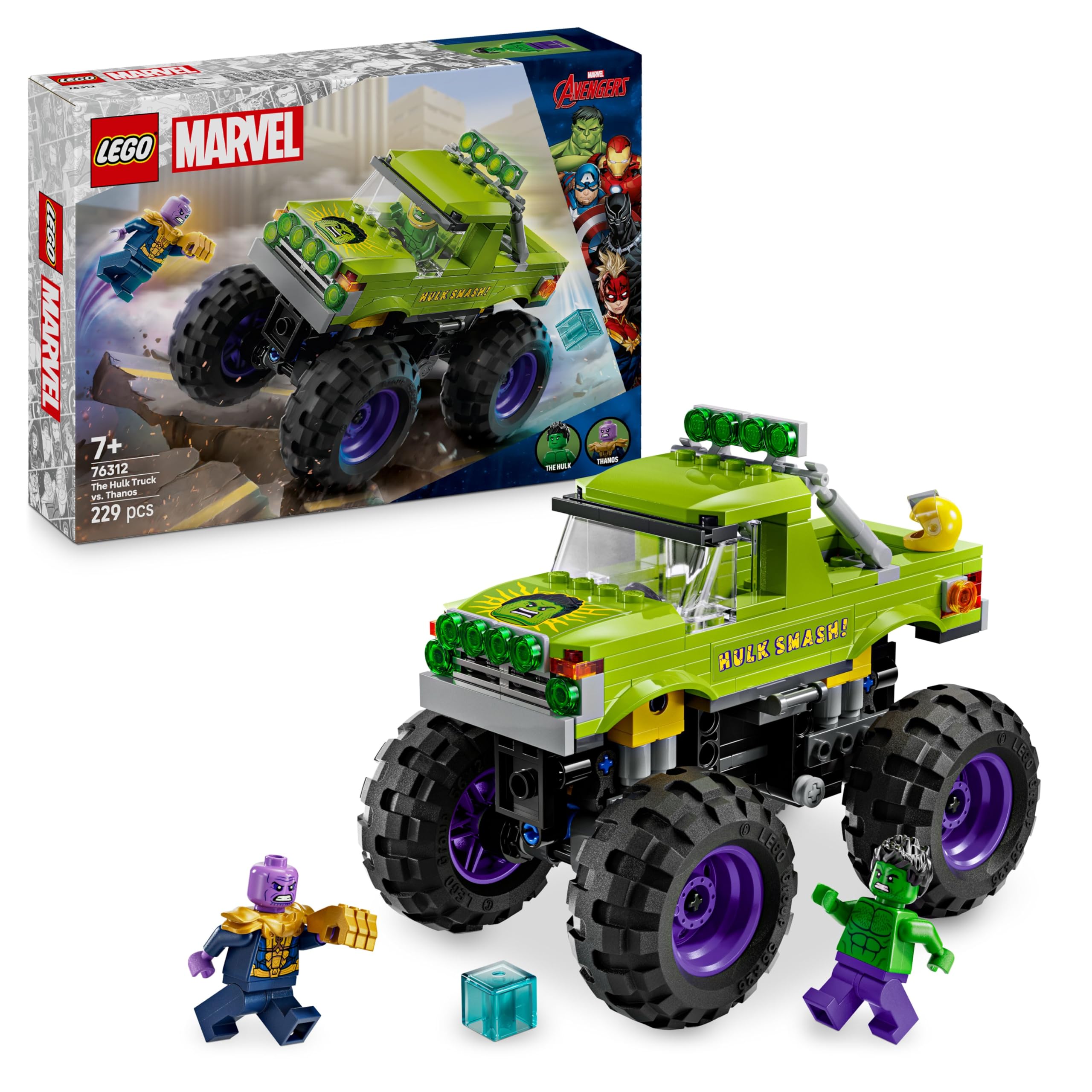 LEGO ǀ Marvel Hulk-Truck vs. Thanos - Kreatives Superhelden Spielzeug - Avengers Fahrzeug und Minifiguren - Monstertruck für Spielspaß - Geschenk für Jungen und Mädchen ab 7 Jahren - 76312