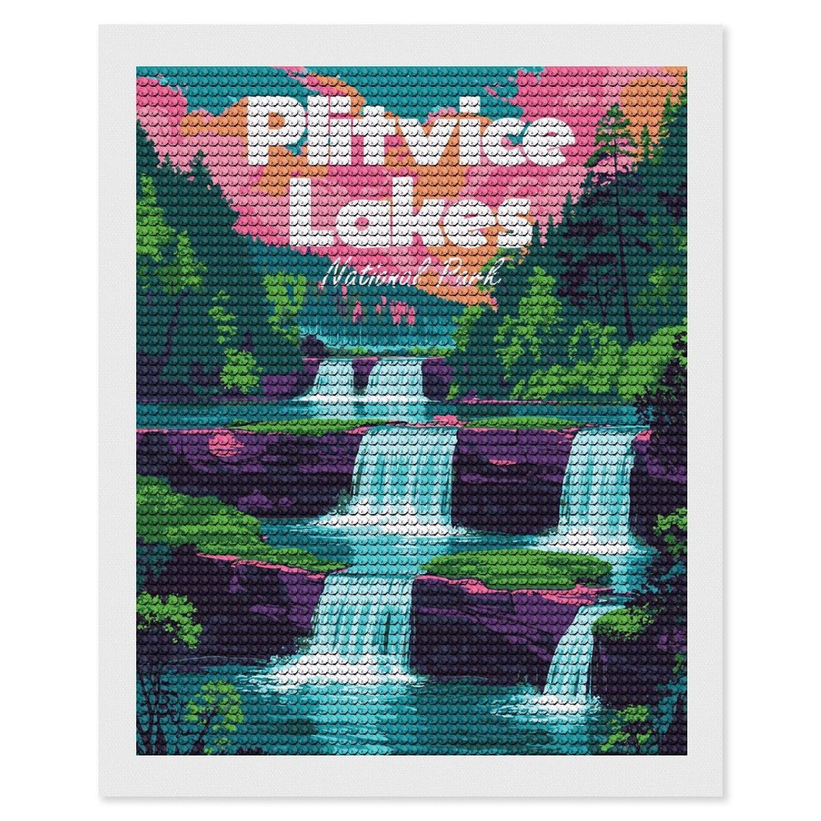 Junmoney Plitvice Lakes National Park Illustration Diamond Art Canvas 16"x20", Easy Handmade Project, Complete Accessories, Bedroom Decor, Birthday Gift