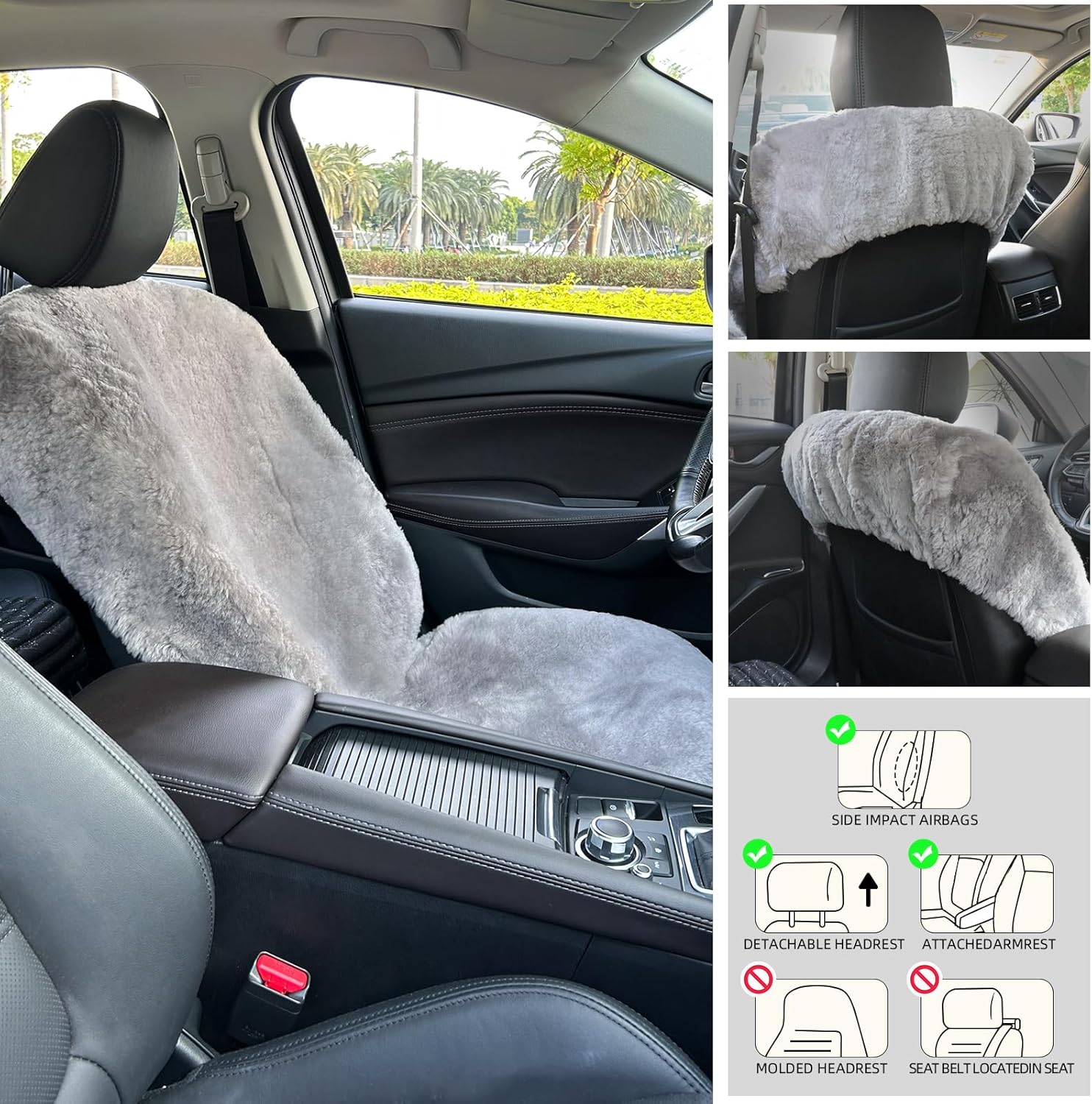 AEGIS Cover Sheepskin Car Seat Covers Semi-Custom Merino Wool Front Seat Covers Super Soft Dense Pelt Luxury Interior Universal Fit for Most Automobiles SUV, MPV, Truck, Sedan 2Pack (Steel Gray)