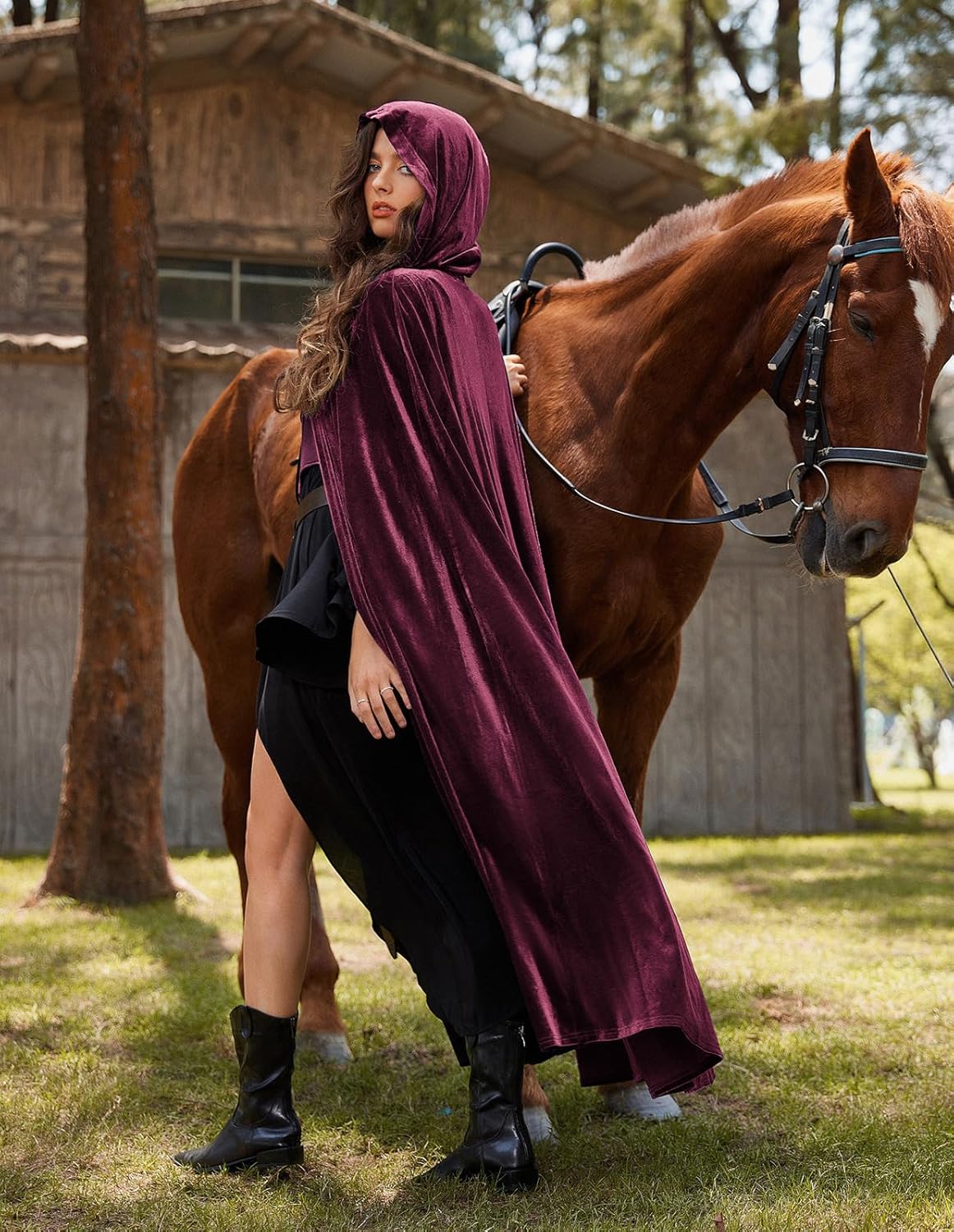 Scarlet Darkness Renaissance Velvet Hooded Cape Medieval Witch Cloak Hobbit Costume for Women Men - Image 5