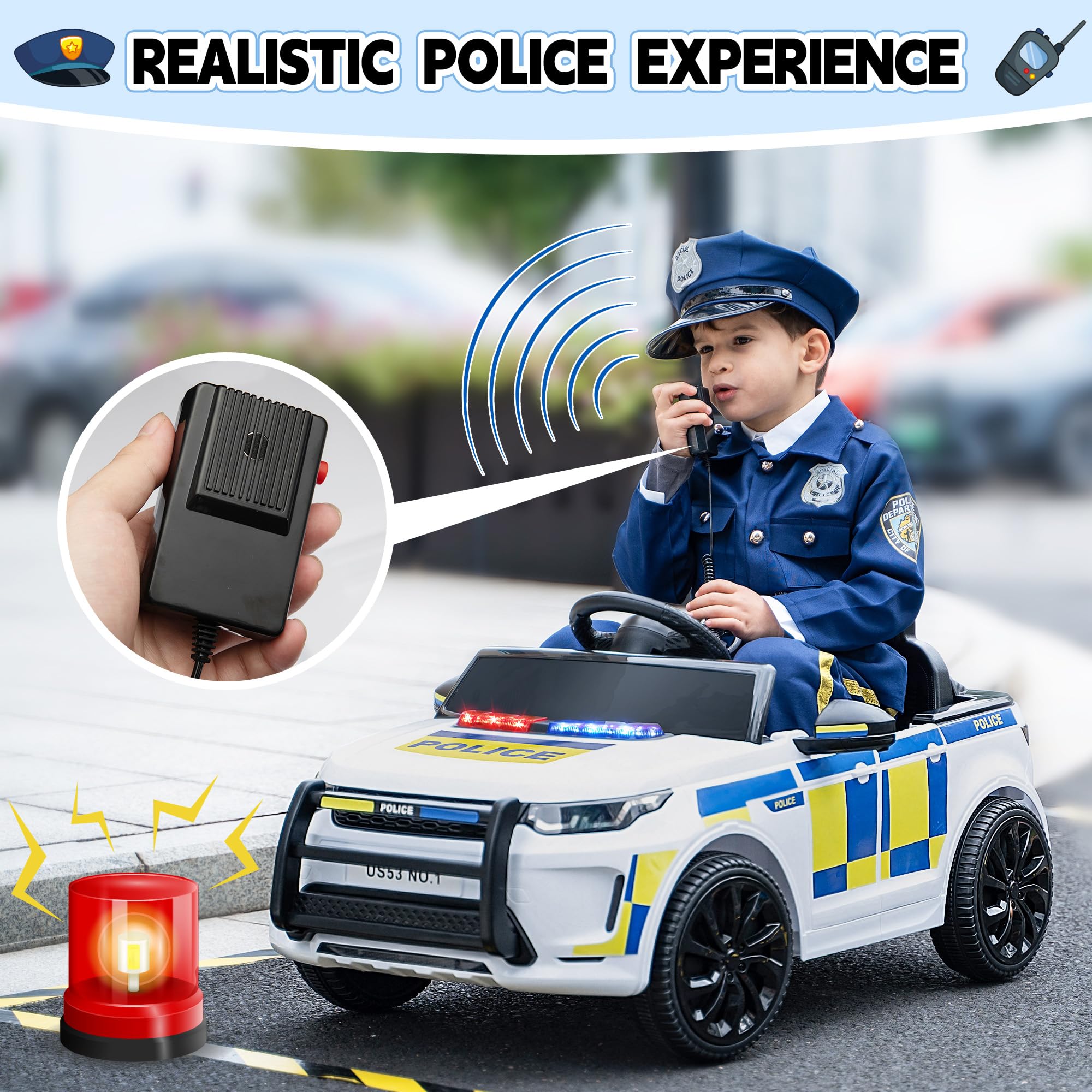 TOBBI Auto della polizia elettrica per bambini, giocattolo da poliziotto alimentato a batteria, 27 W, veicolo a 4 ruote con telecomando per genitori/soft start/3 velocità/clacson e LED, per bambini da