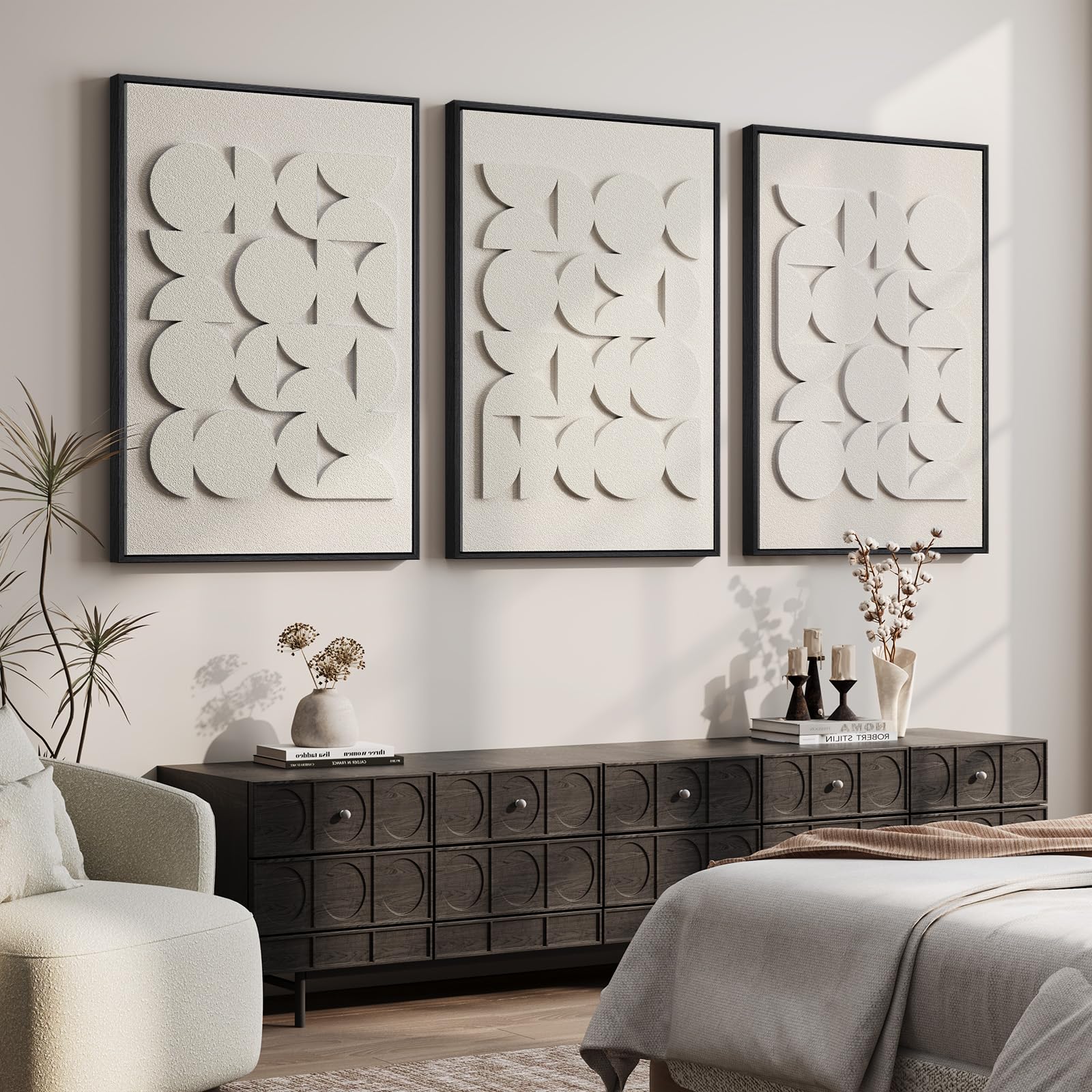 Large 3D Textured Framed Abstract Wall Art for Living Room, 3 Piece Modern Paintings Artwork for Walls, Black White Brown Geometric Sandstone Texture Pictures for Hallway Office Home Decor 24x36 In — view 41