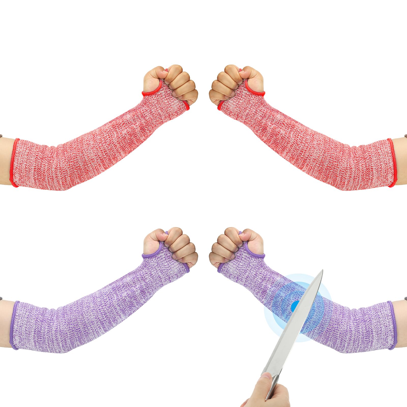 PATIKIL 18 Inch Cut Resistant Sleeve, 2 Pairs Arm Safety Protectors Sleeves with Thumb Hole Level 5 Protection Forearm Guard Sleeves for Thin Skin and Bruising, XL, Purple/Red