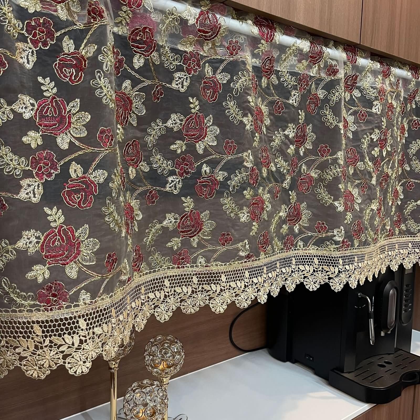 56 cm długie krótkie zasłony czerwone khaki, koronkowe kwiatowe zasłony kuchenne