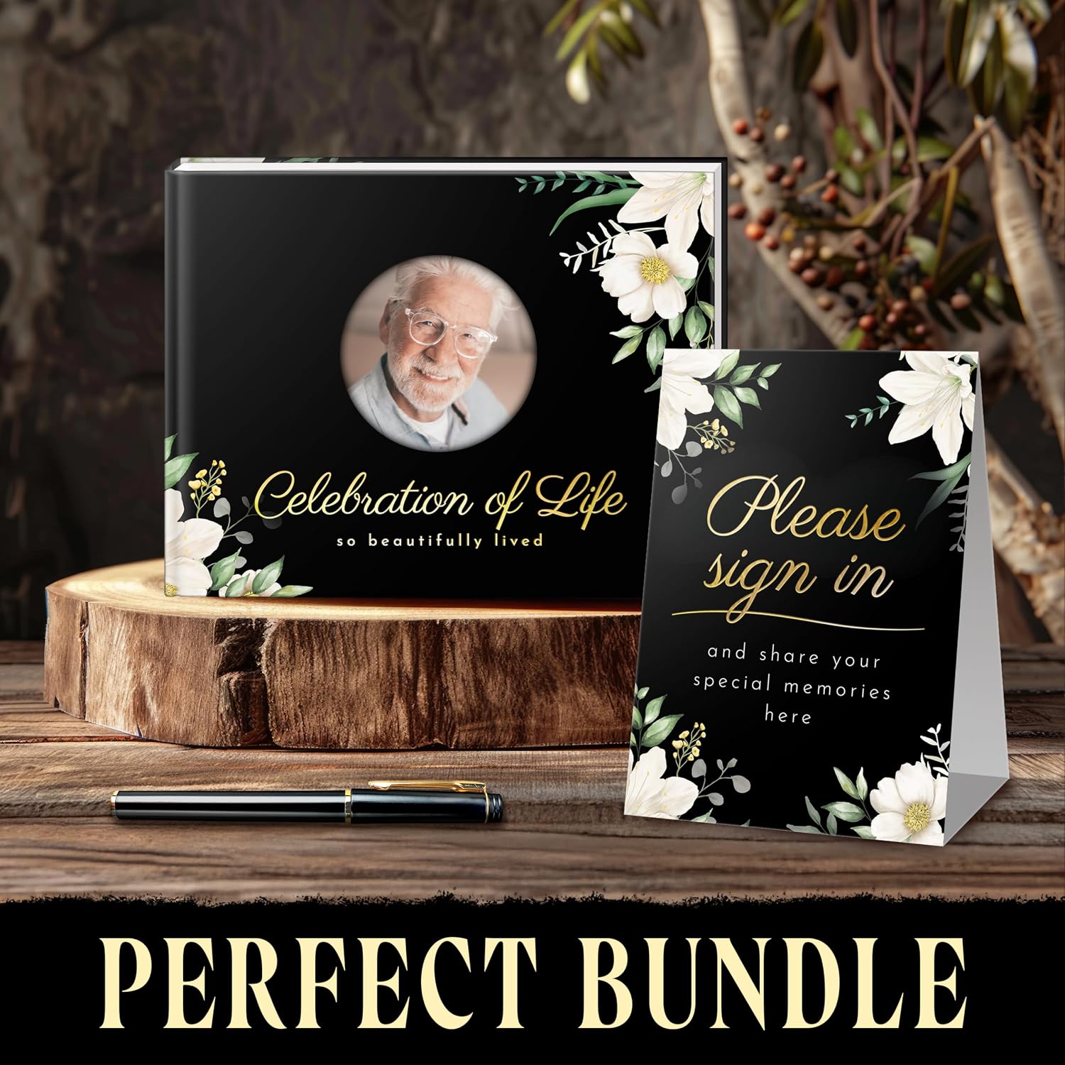 Funeral Guest Book – Black Cover, 3-Piece Set with Guest Book, Table Sign, and Pen – Memory Book for Celebration of Life, Memorial Signing, Elegant Funeral Supplies, and Durable Design