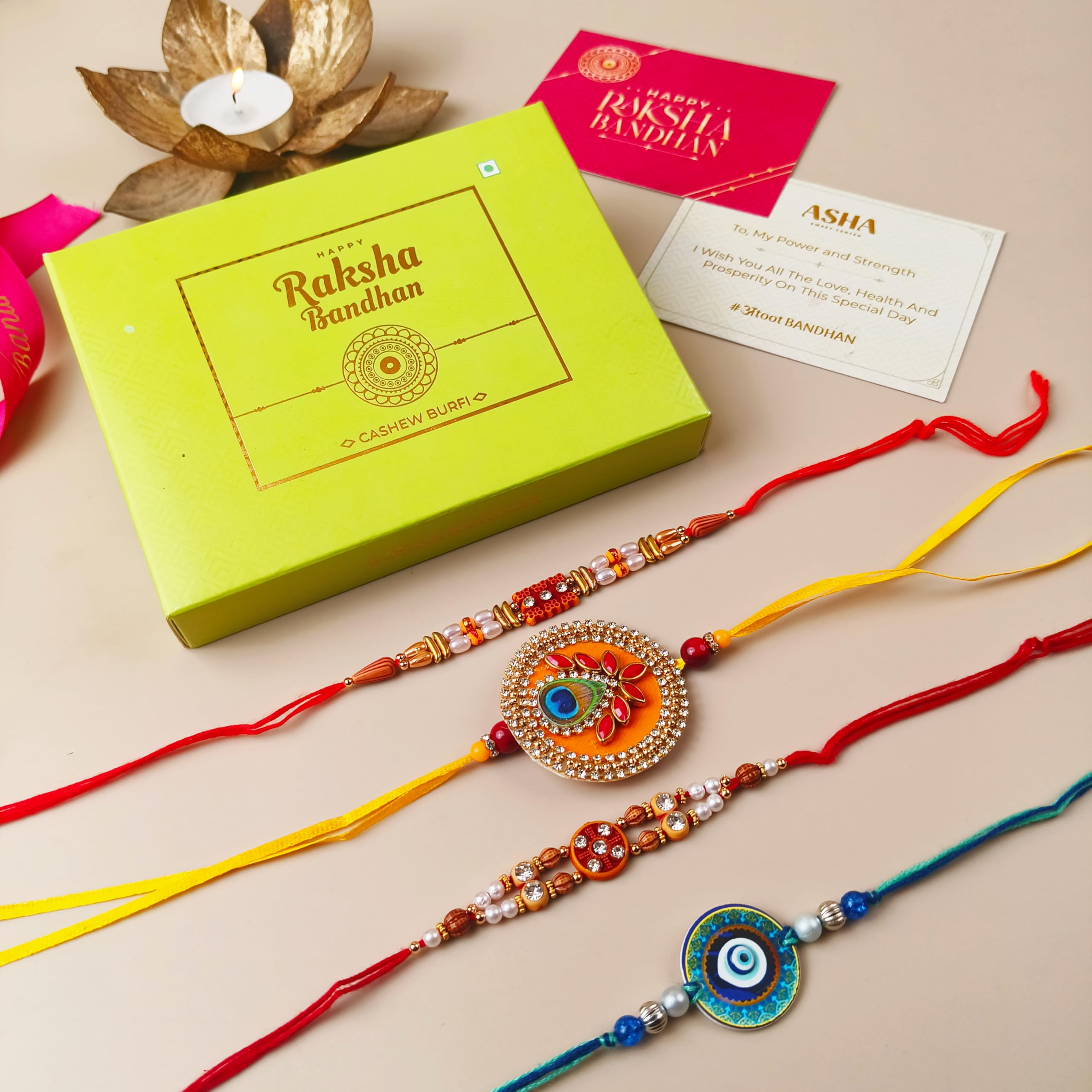 Asha Sweets Cashew Barfi - 100gm with 4 Set of Rakhi & Wishes Card | Premium Sweet Gift for Brother This Rakshabandhan | Premium Sweet Gift Hamper Combo Pack for Bhaiya and Bhabhi
